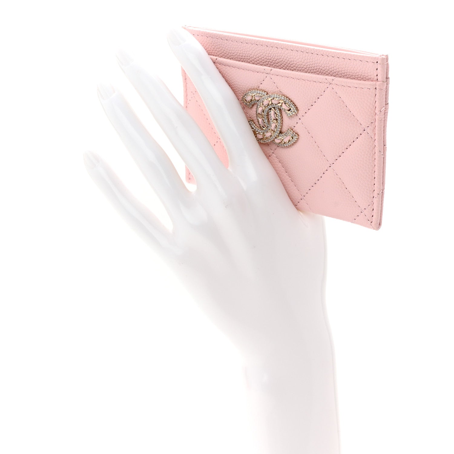 Caviar Quilted Crystal Card Holder Pink