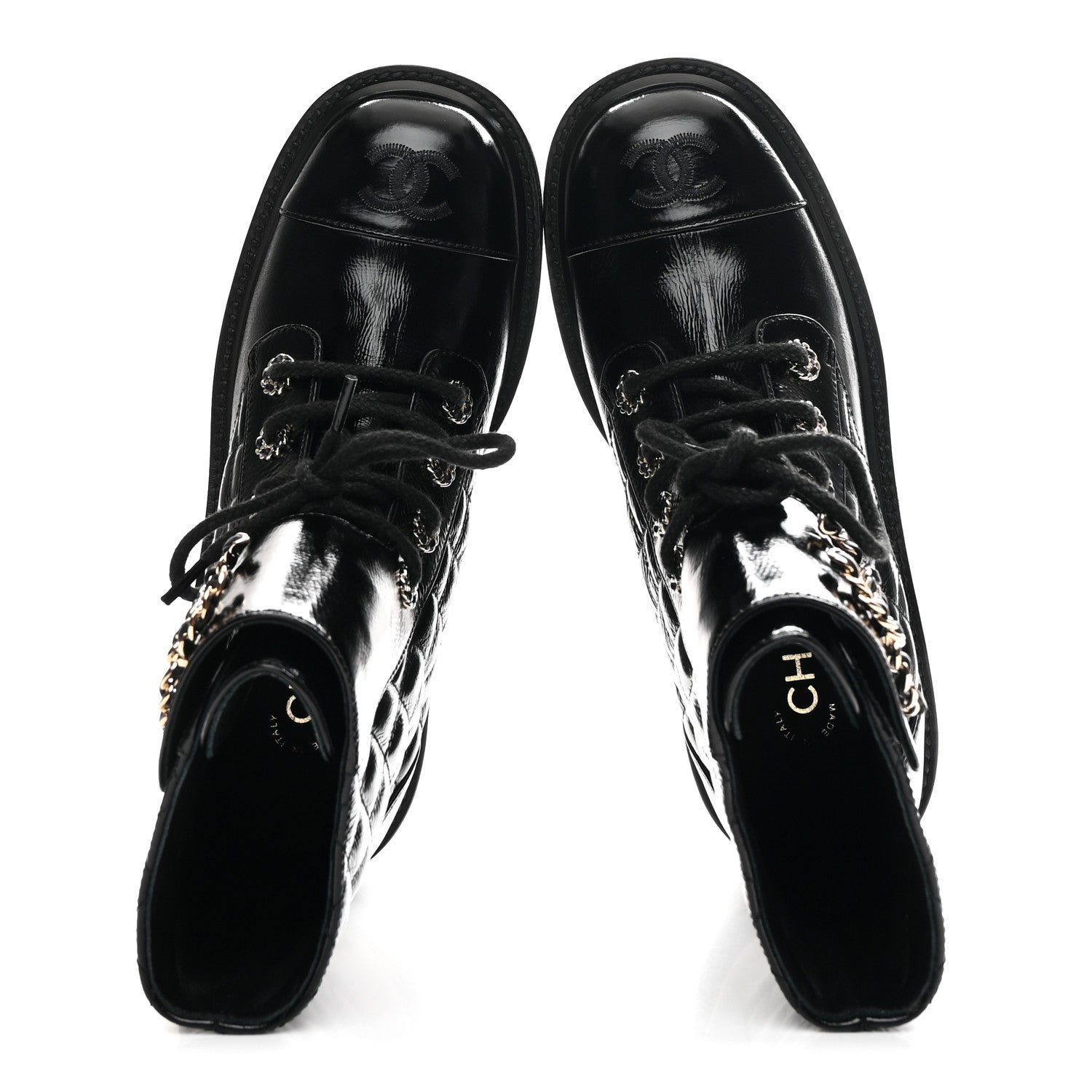 Shiny Calfskin Quilted Lace Up Combat Boots 36.5 Black