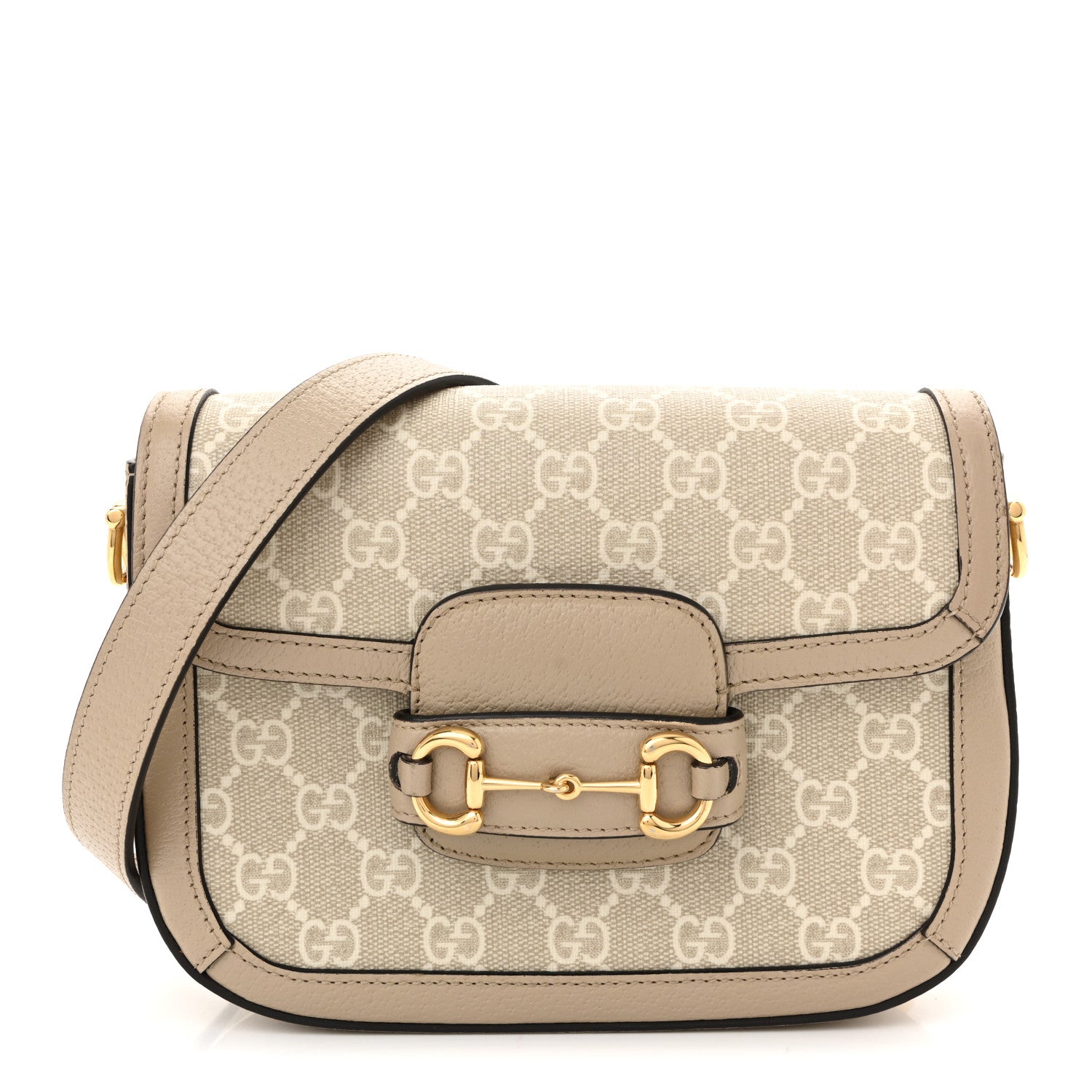 GG Supreme Monogram Textured Dollar Calfskin Web Mini Horsebit 1955 Shoulder Bag Beige Mystic White Oatmeal