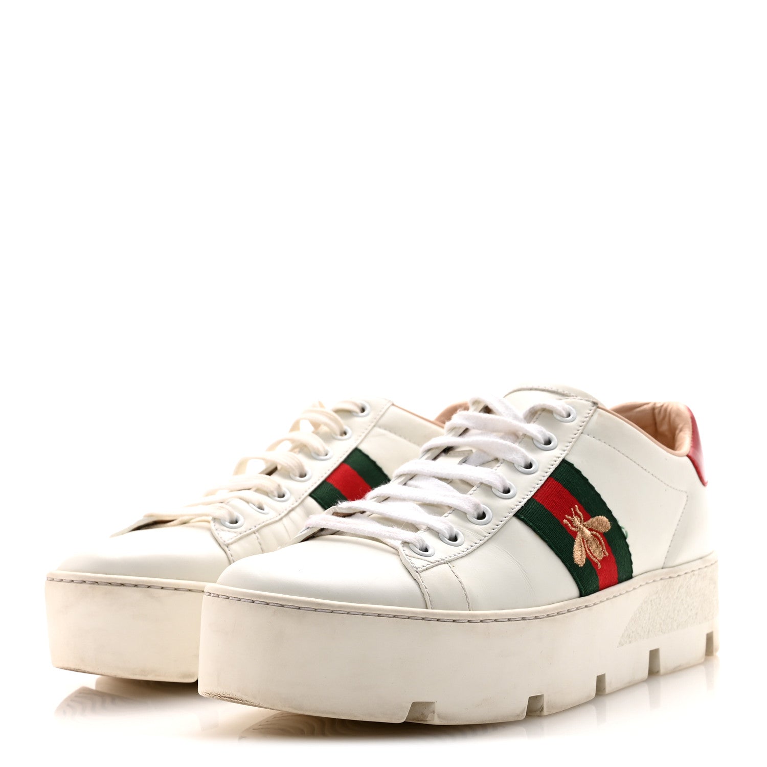 Calfskin Web Bee Embroidered Womens Ace Platform Sneakers 38.5 White