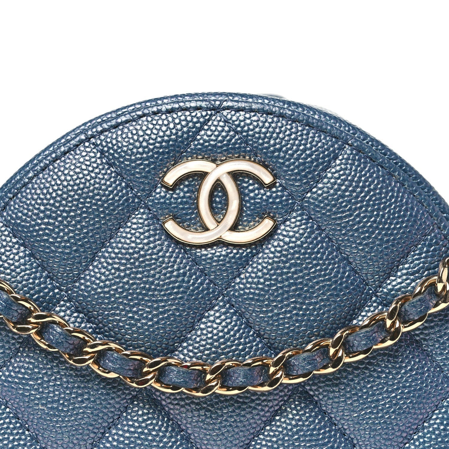 Iridescent Caviar Quilted Round Clutch With Chain Blue
