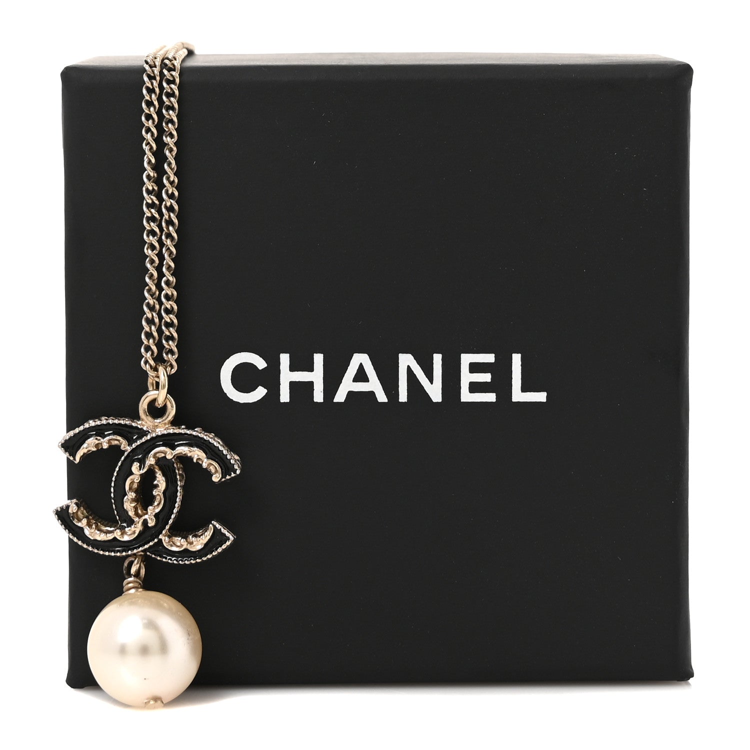 Enamel Pearl CC Baroque Drop Necklace Black Gold
