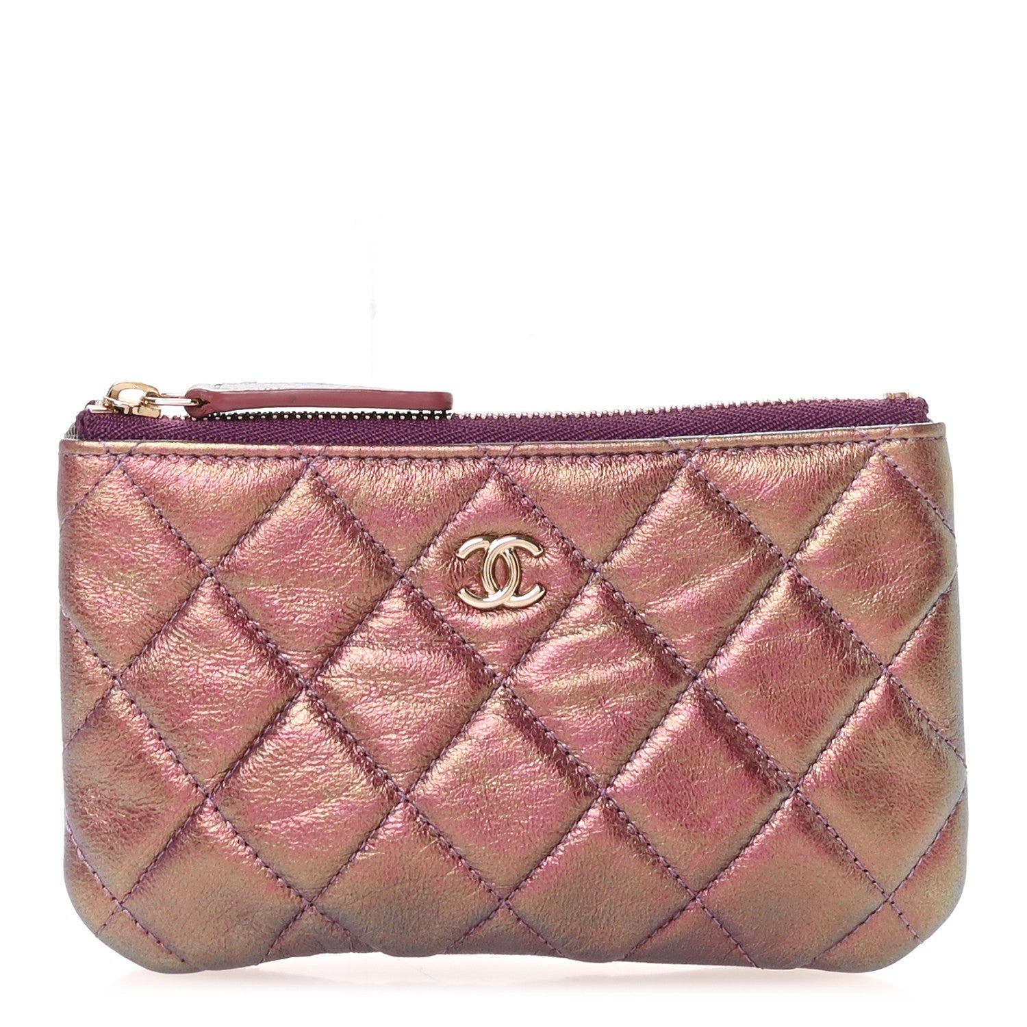 Iridescent Lambskin Quilted Small Cosmetic Case Purple