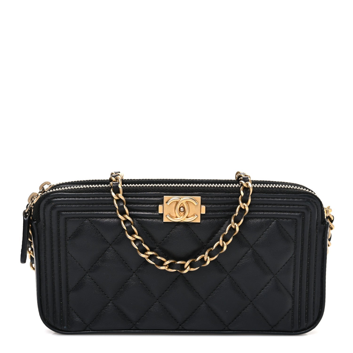 Lambskin Quilted Small Boy Clutch With Chain Black