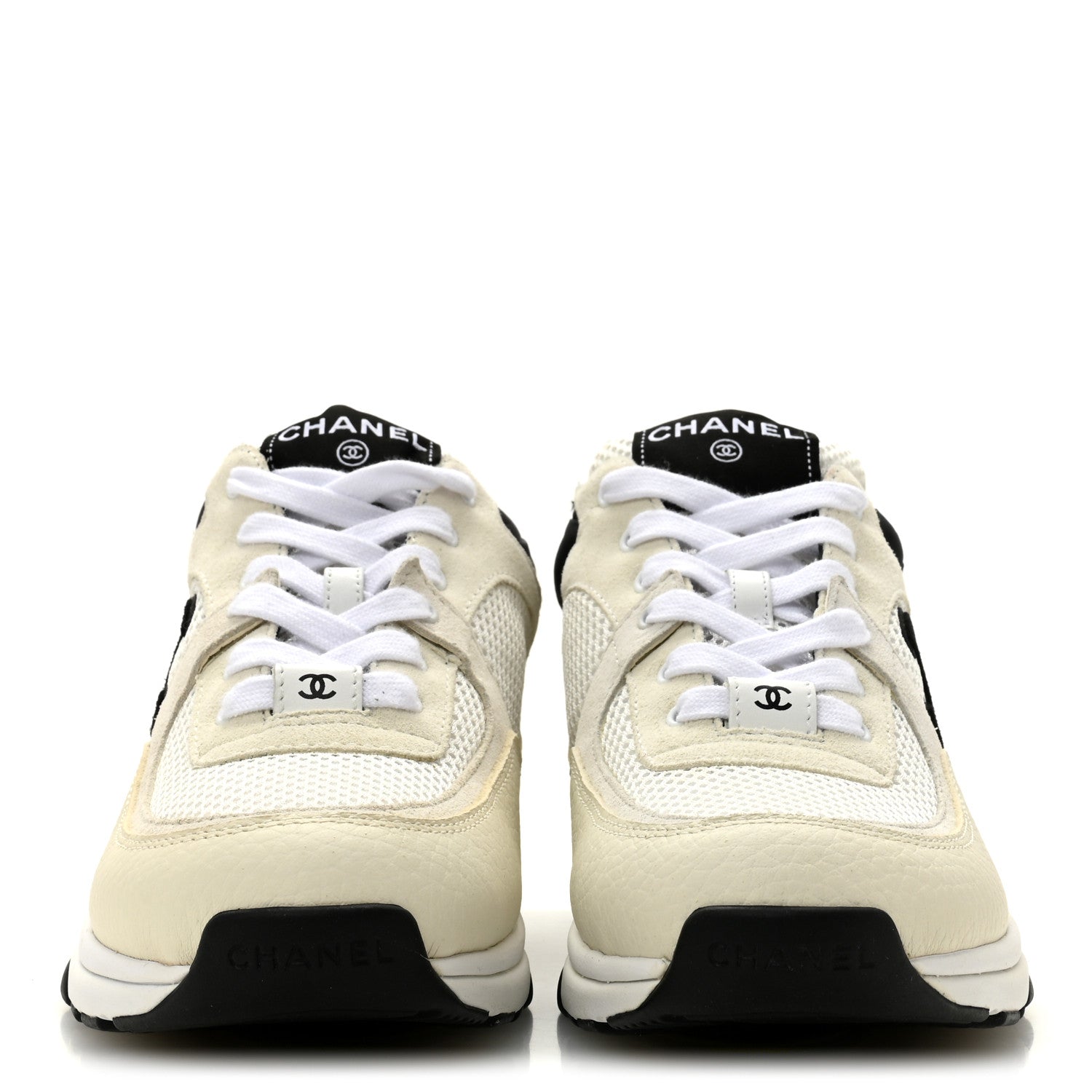 Mesh Suede Calfskin Grained Calfskin Womens CC Sneakers 38.5 White Black