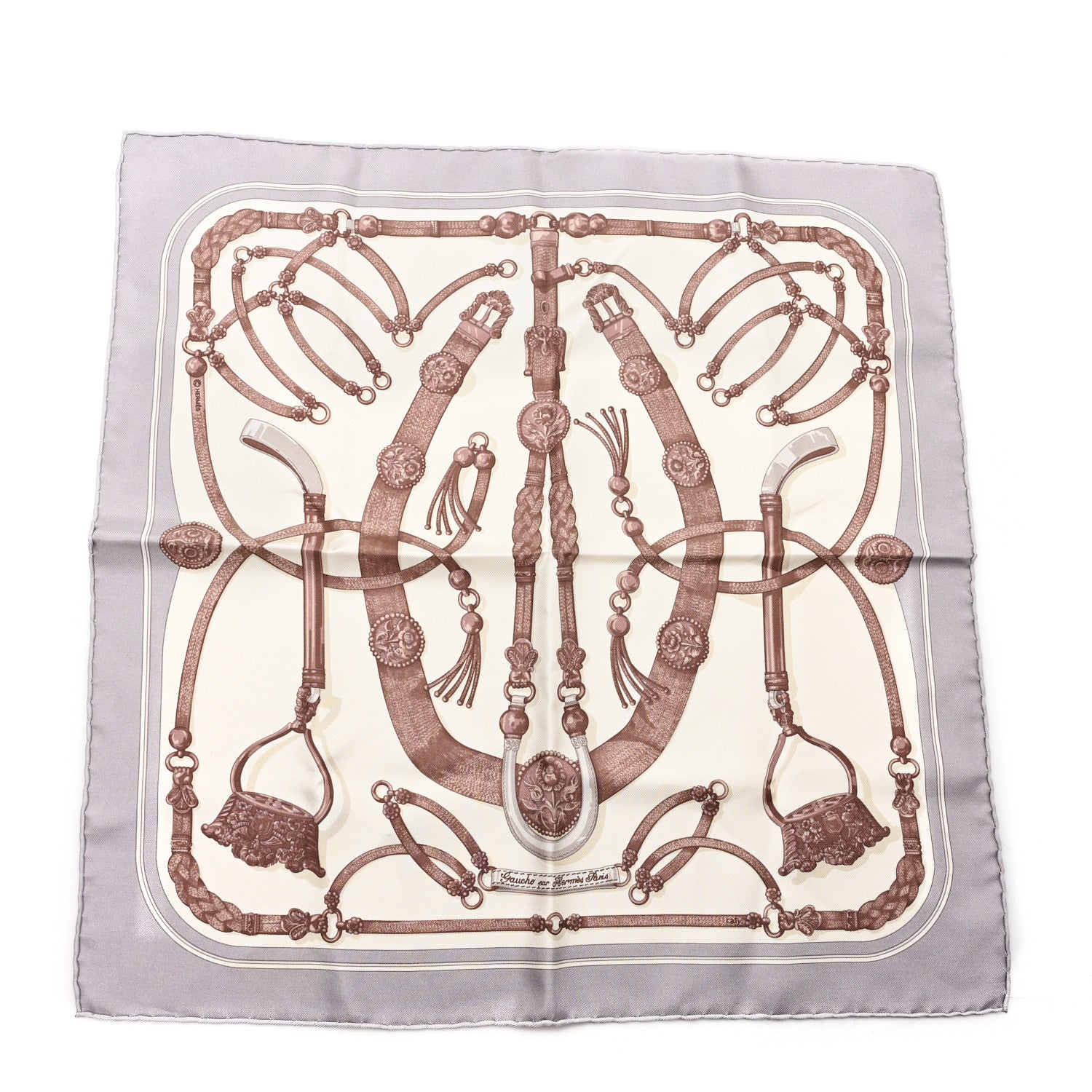 Silk Gaucho Par Hermes Paris Pocket Square  Gris White