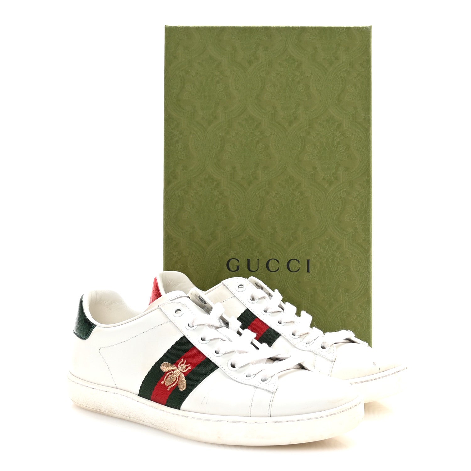 Calfskin Ayers Bee Embroidered Womens Ace Sneakers 37 White Green