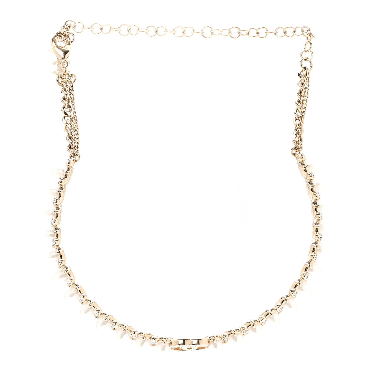 Strass Crystal Studded Pearl CC Choker Necklace Gold Pearly White