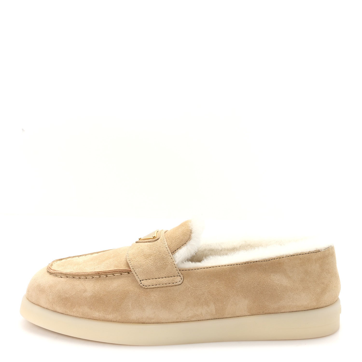 Suede Shearling Triangle Logo Loafer 39 Ecru