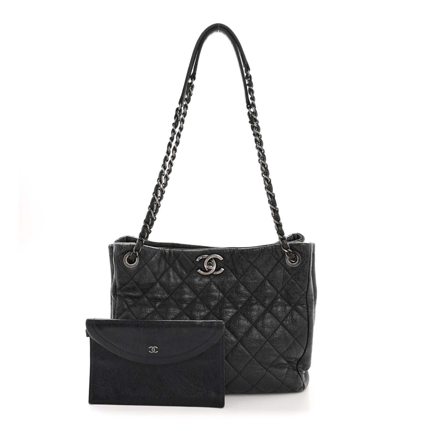 Glazed Calfskin Quilted Tote Navy
