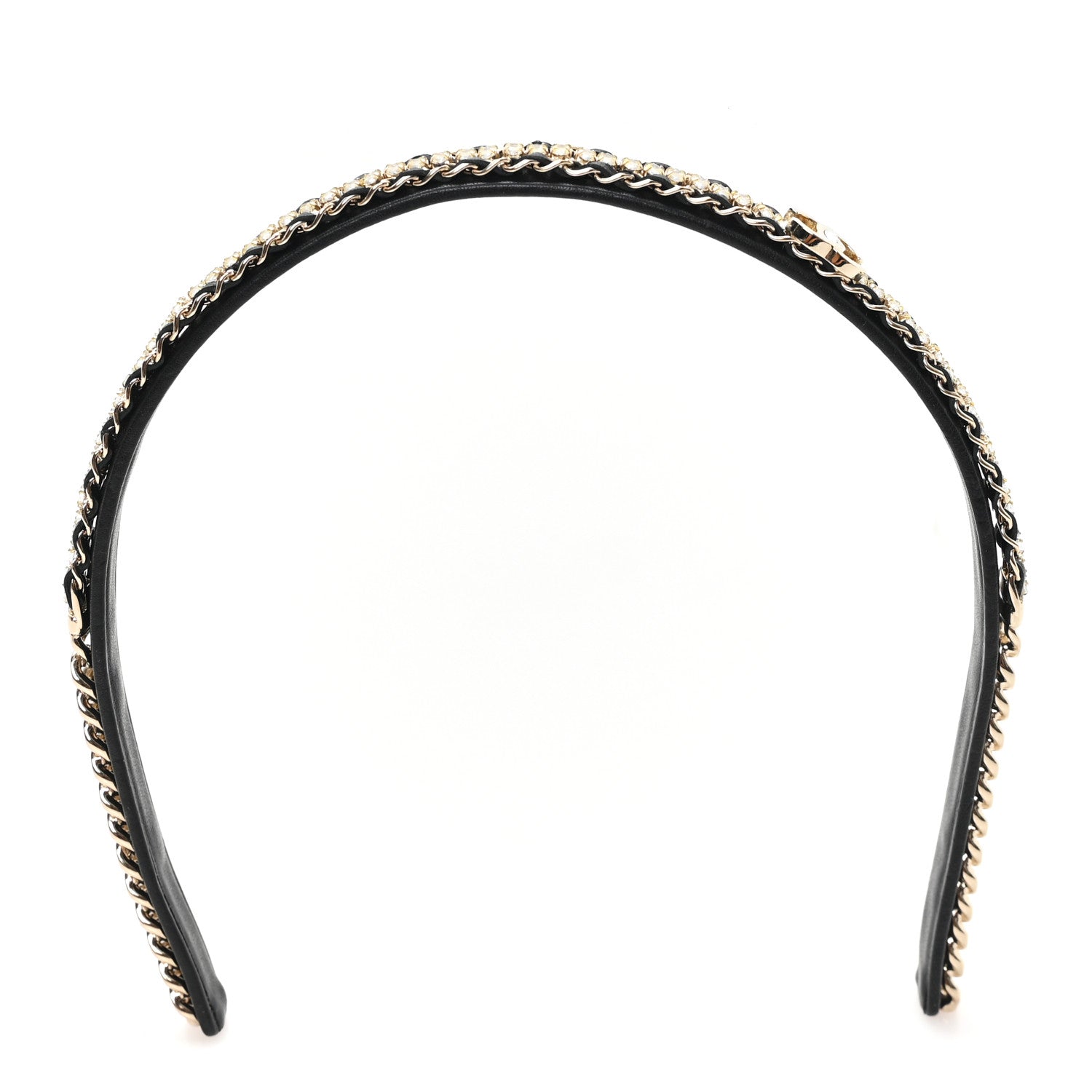 Metal Lambskin Crystal CC Chain Headband Gold Black