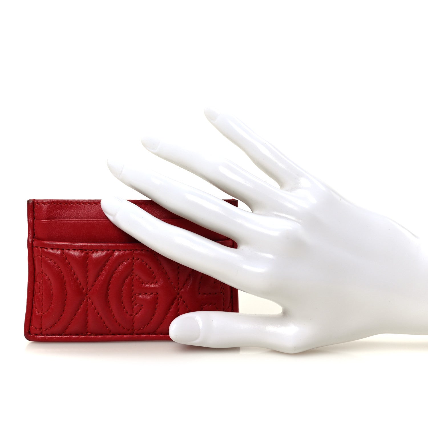 Calfskin G Rhombus Quilted Card Holder Hibiscus Red
