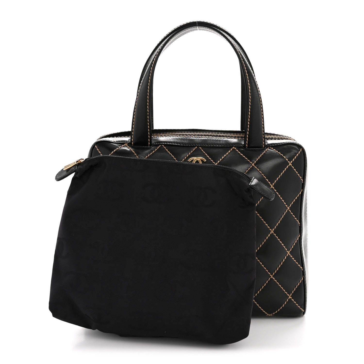 Calfskin Wild Stitch Vertical Top Handle Bag Black