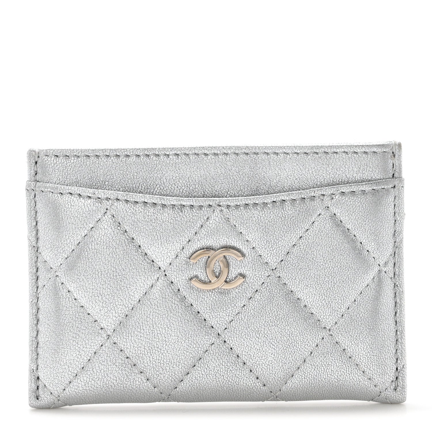 Metallic Lambskin Quilted CC Card Holder Silver