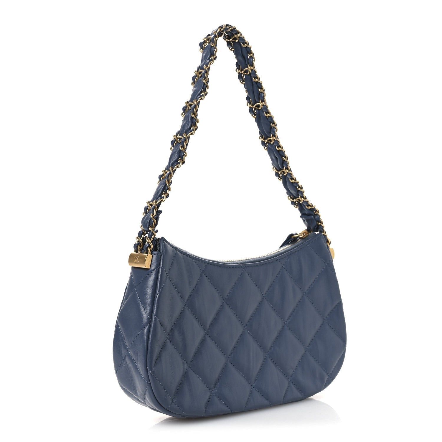 Crumpled Calfskin Quilted Braided CC Small Hobo Blue