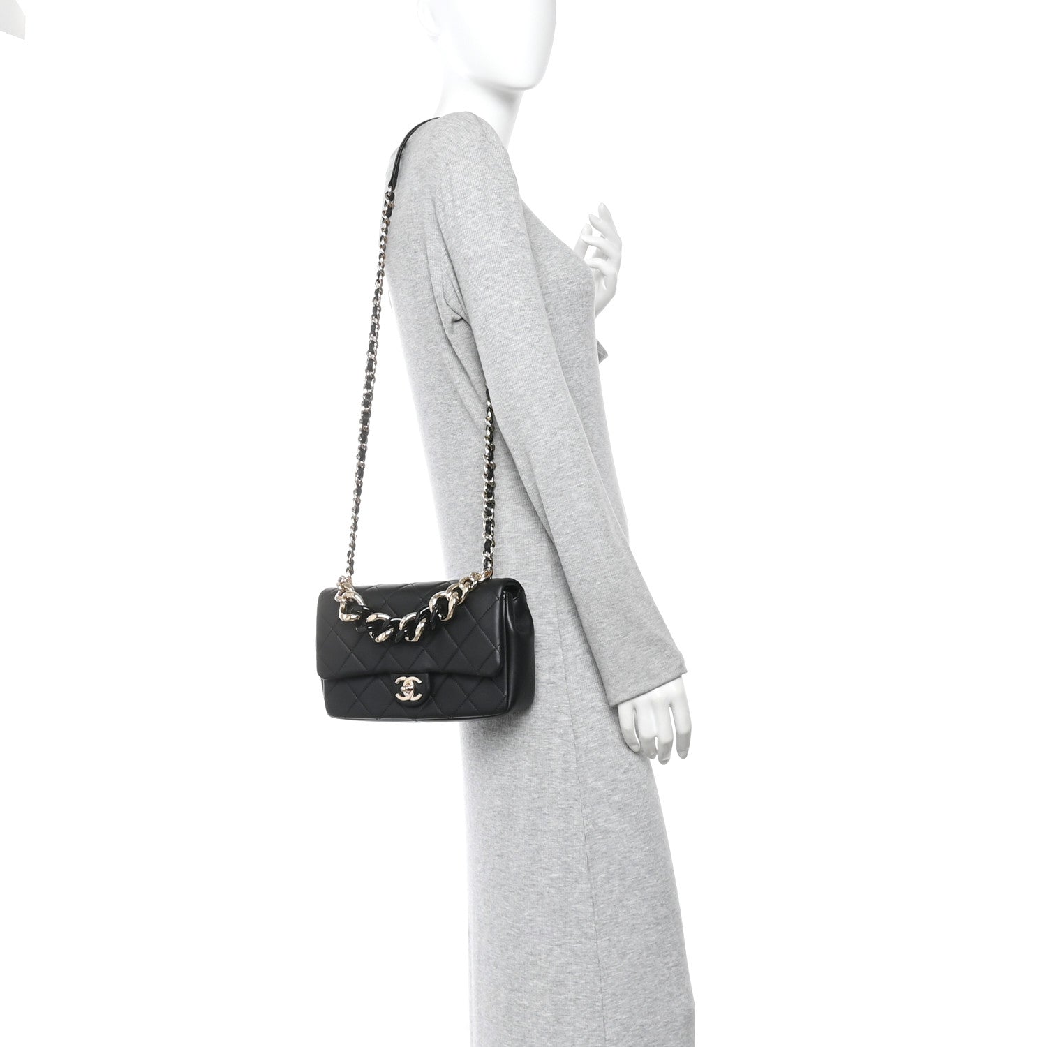 Lambskin Quilted Resin Bi-Color Chain Flap Bag Black
