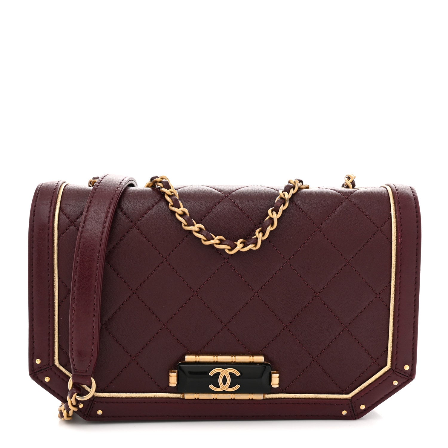Calfskin Quilted Small Octagon CC Clasp Flap Bag Red Gold