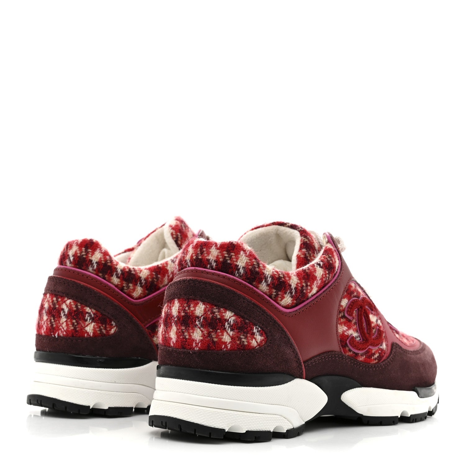Wool Tweed Suede Calfskin Womens CC Sneakers 36 Red White Dark Brown Burgundy