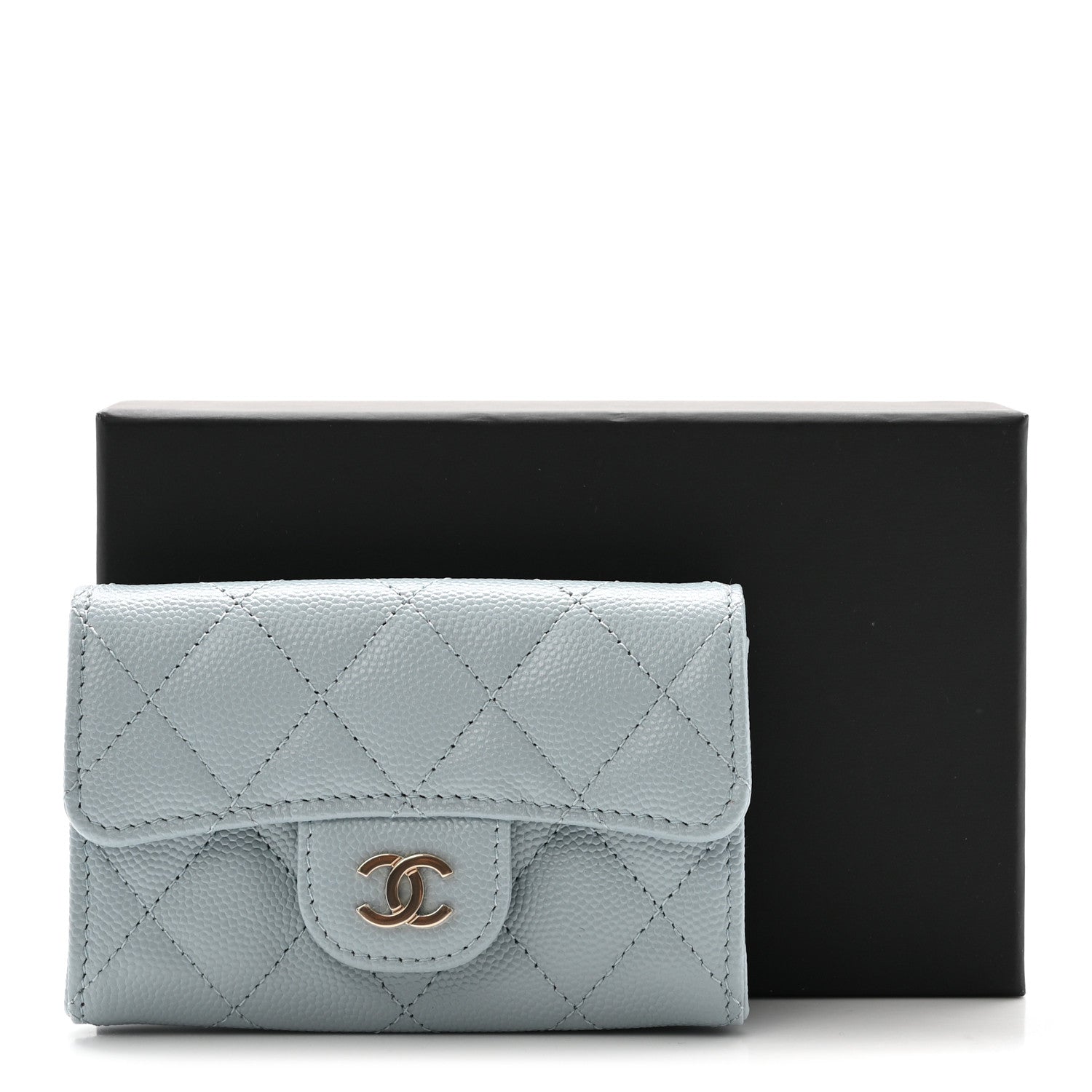 Caviar Quilted Flap Card Holder Wallet Light Blue