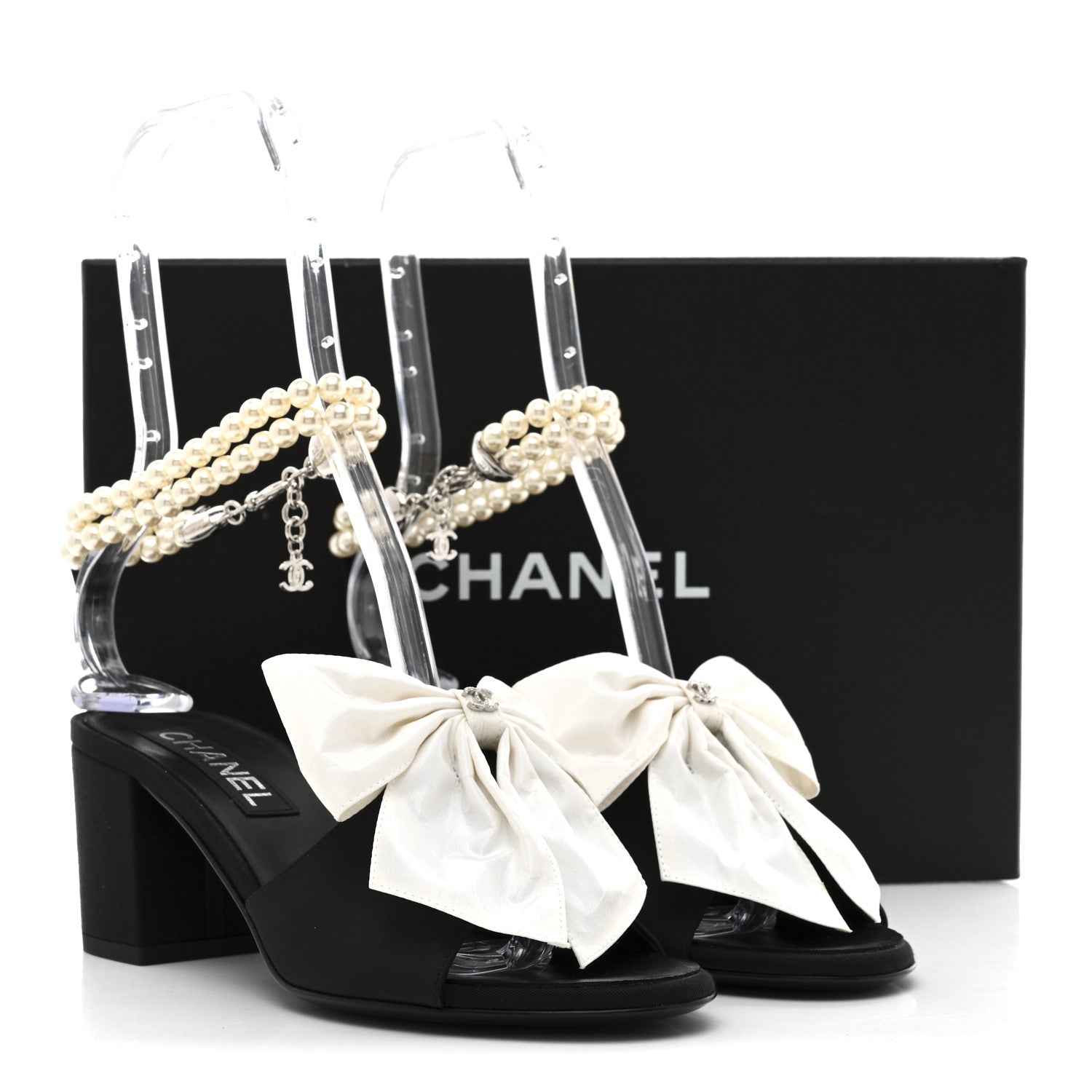 Silk Pearl Ankle Strap Sandals 37 Black White