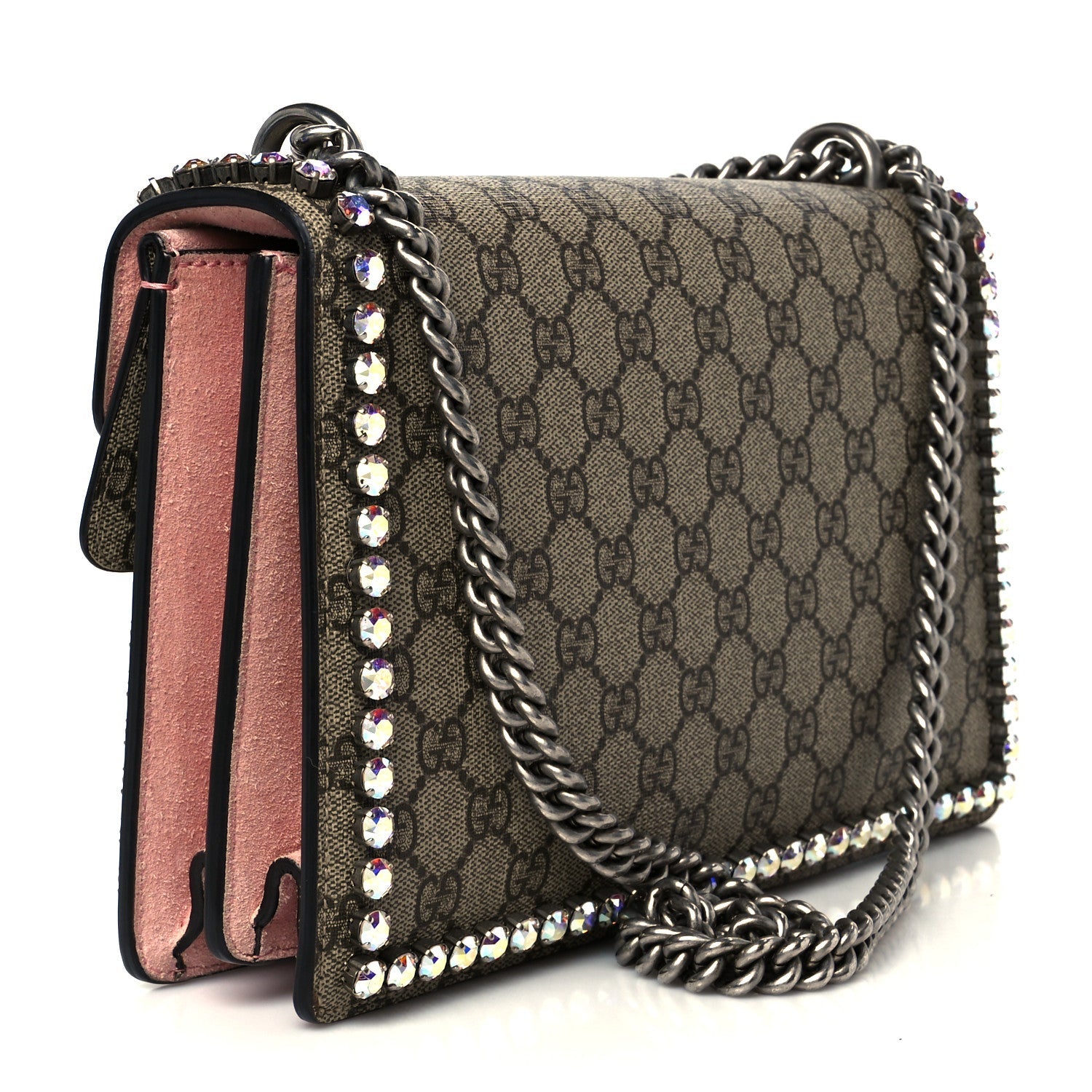 GG Supreme Monogram Suede Crystal Small Dionysus Shoulder Bag Beige Ebony Light Peonia