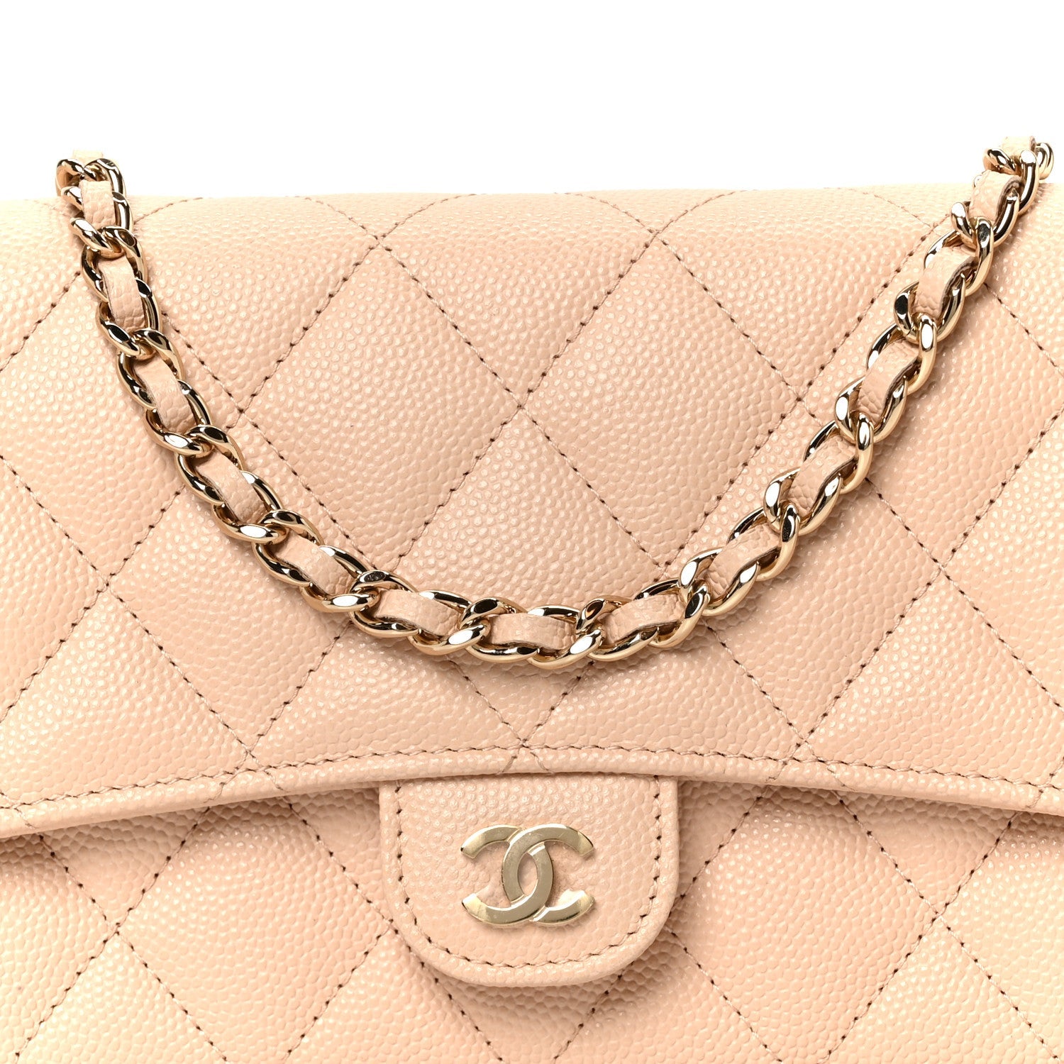 Caviar Quilted Phone Holder Wallet on Removable Chain Light Beige