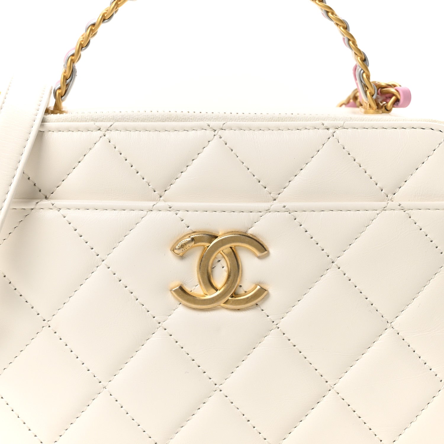 Shiny Calfskin Quilted Top Handle Vanity Case White