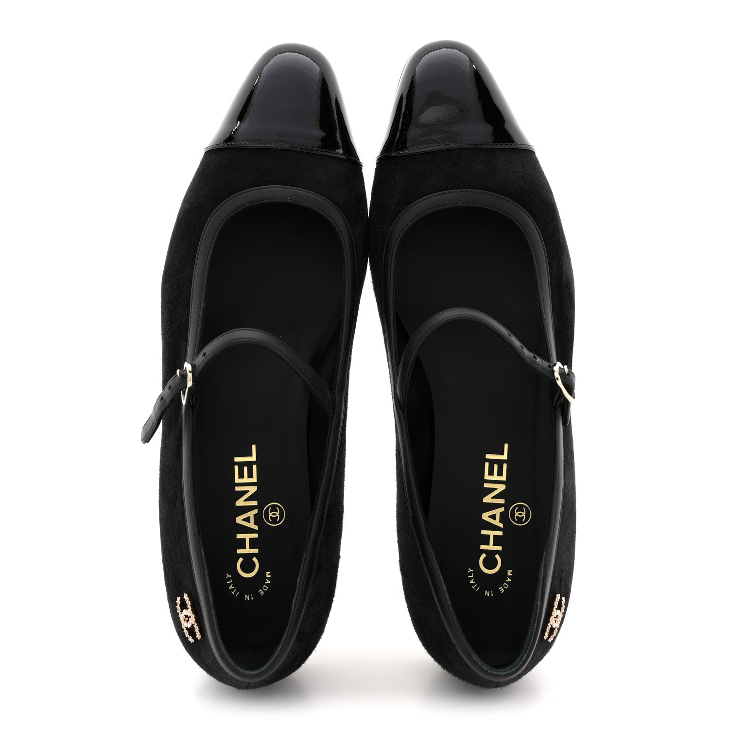 Suede Kidskin Lambskin Patent Calfskin Crystal CC Cap Toe Flats 40 Black