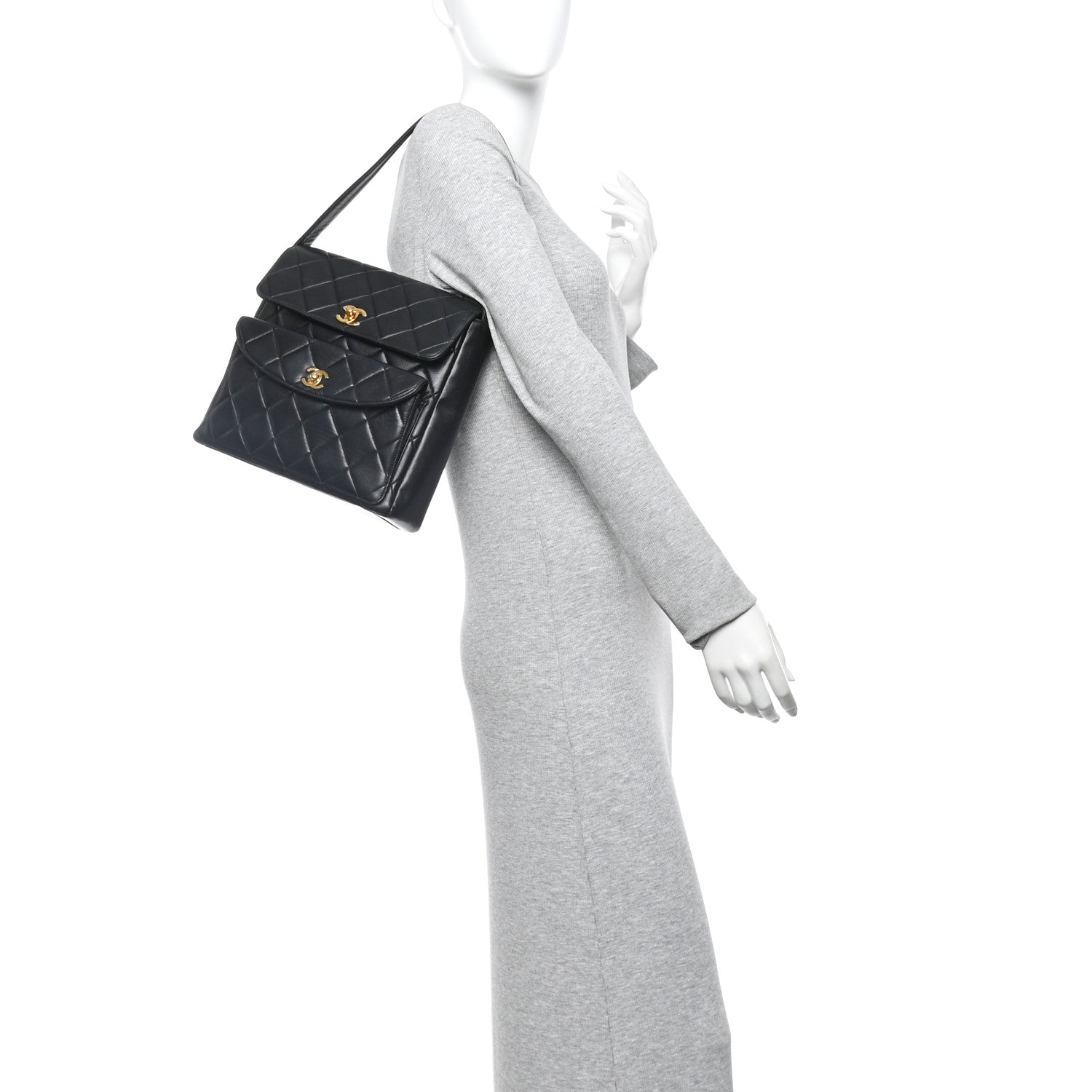 Lambskin Quilted Double Pocket Shoulder Bag Black