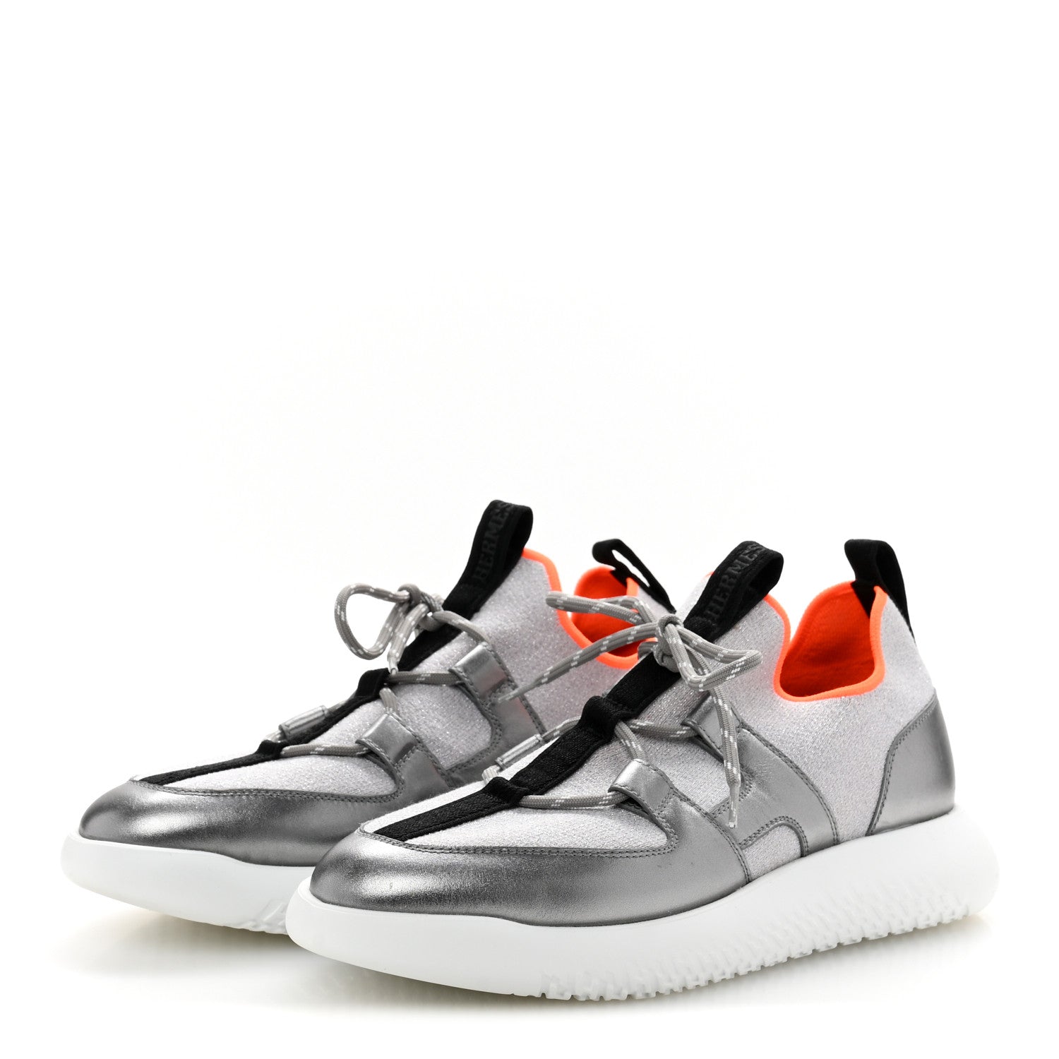 Knit Metallic Calfskin Womens Duel Sneakers 38 Argent Orange Black