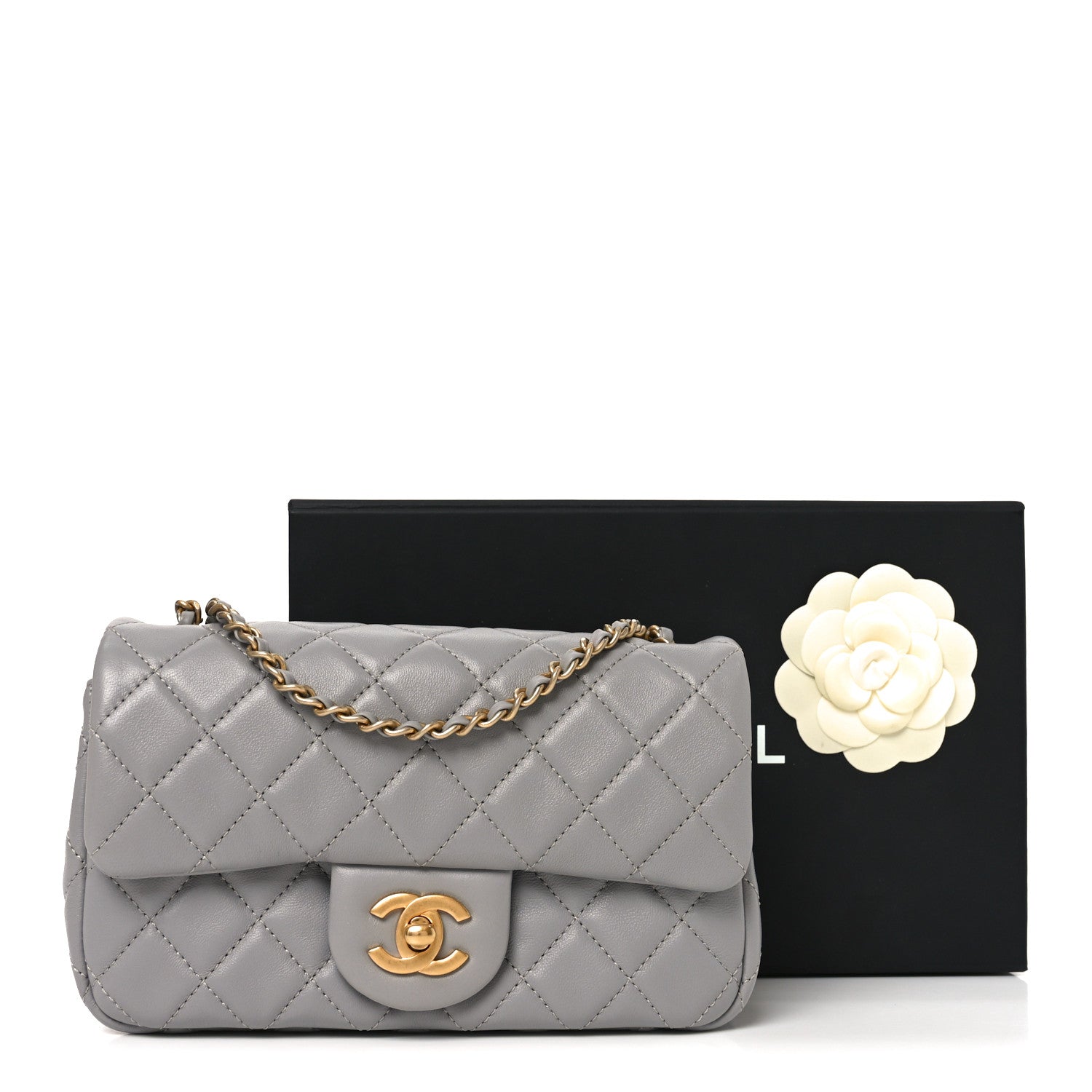 Lambskin Quilted Mini Rectangular Pearl Crush Flap Grey