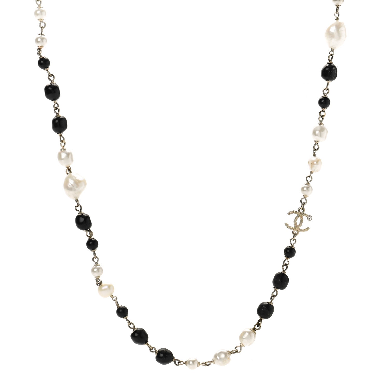 Pearl Beaded Crystal CC Long Necklace Gold Black White