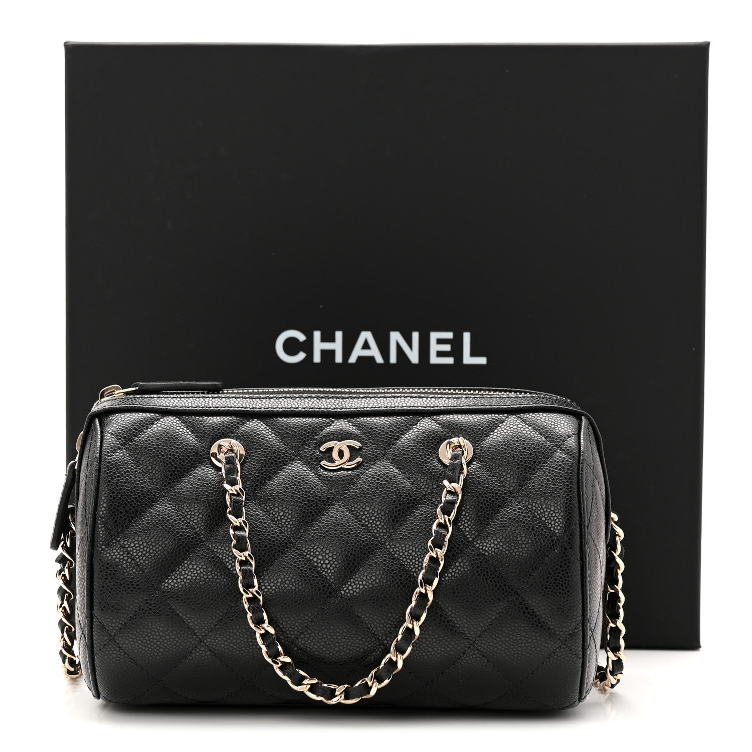Caviar Quilted Barrel Clutch With Chain Black