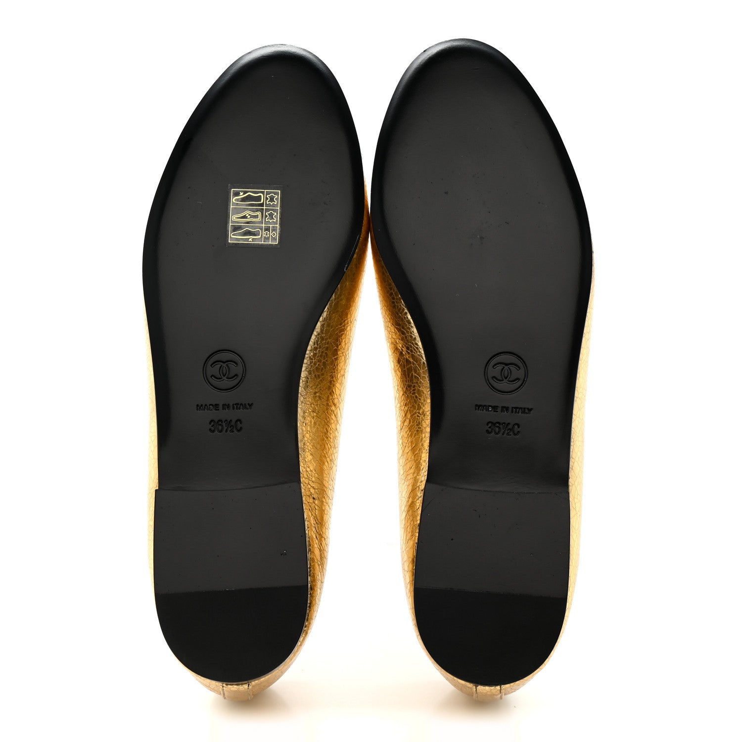 Crackled Laminated Calfskin CC Cap Toe Ballerina Flats 36.5 Gold Silver
