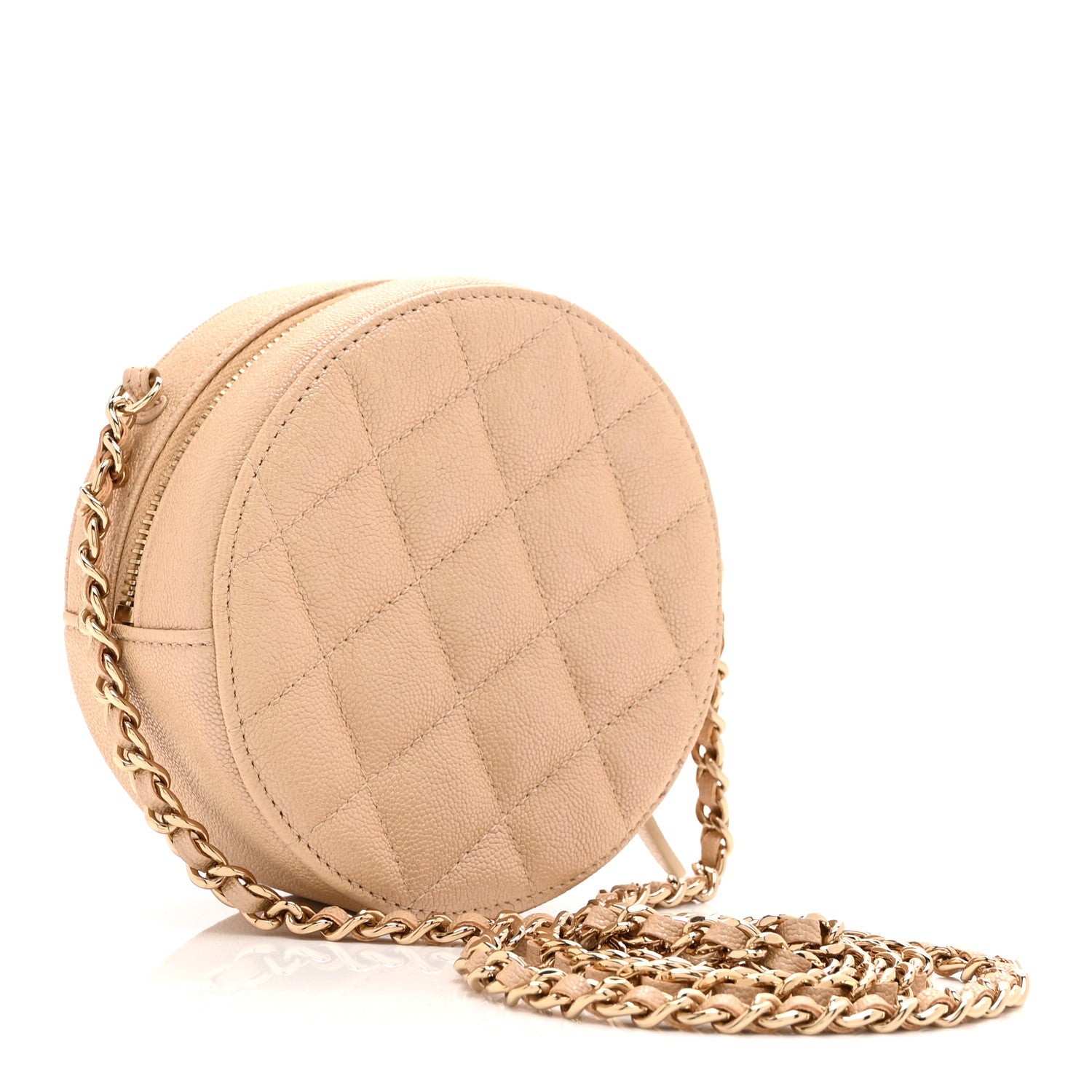 Iridescent Caviar Quilted Round Clutch With Chain Beige