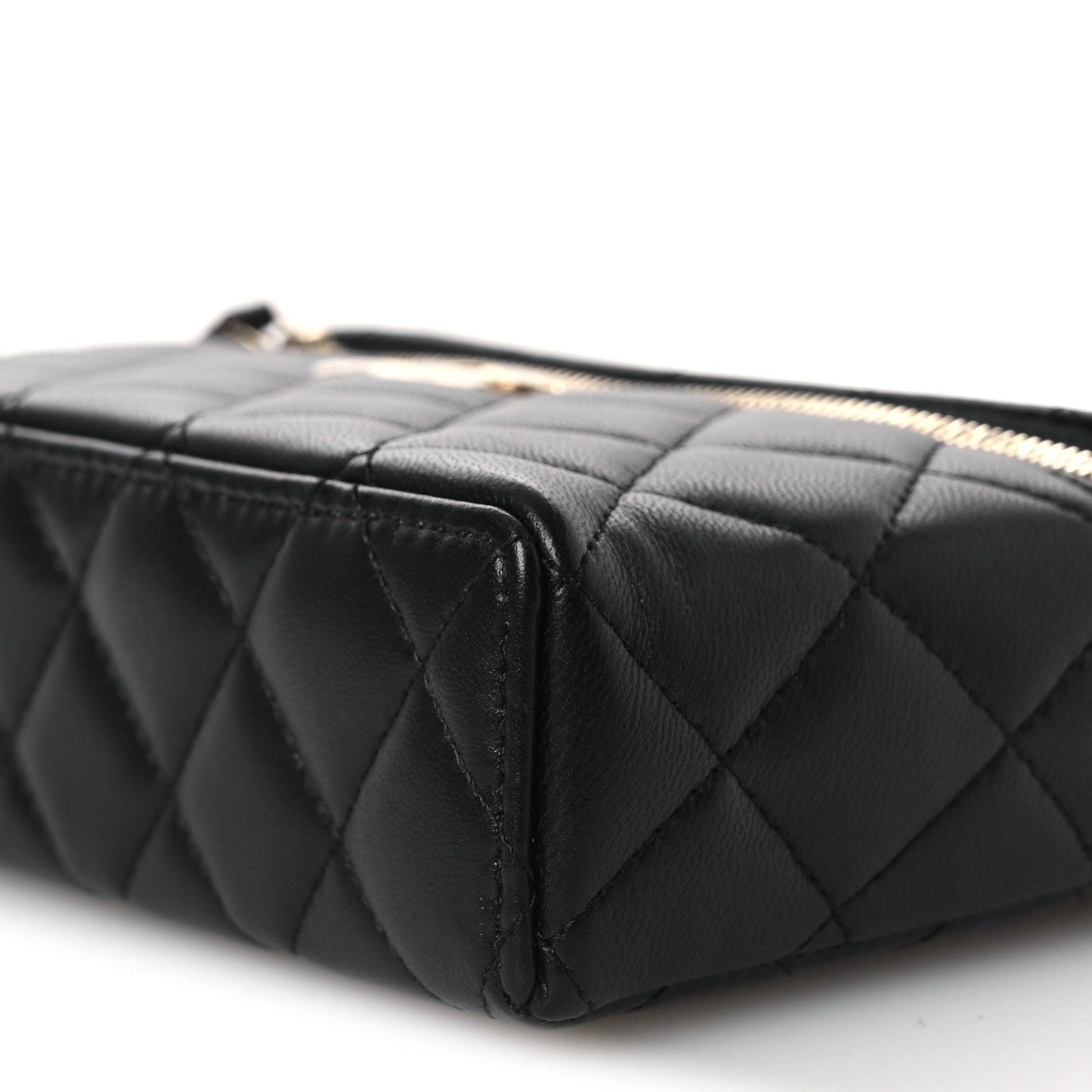 Lambskin Quilted Crystal CC Top Handle Slim Vanity Case With Chain Black