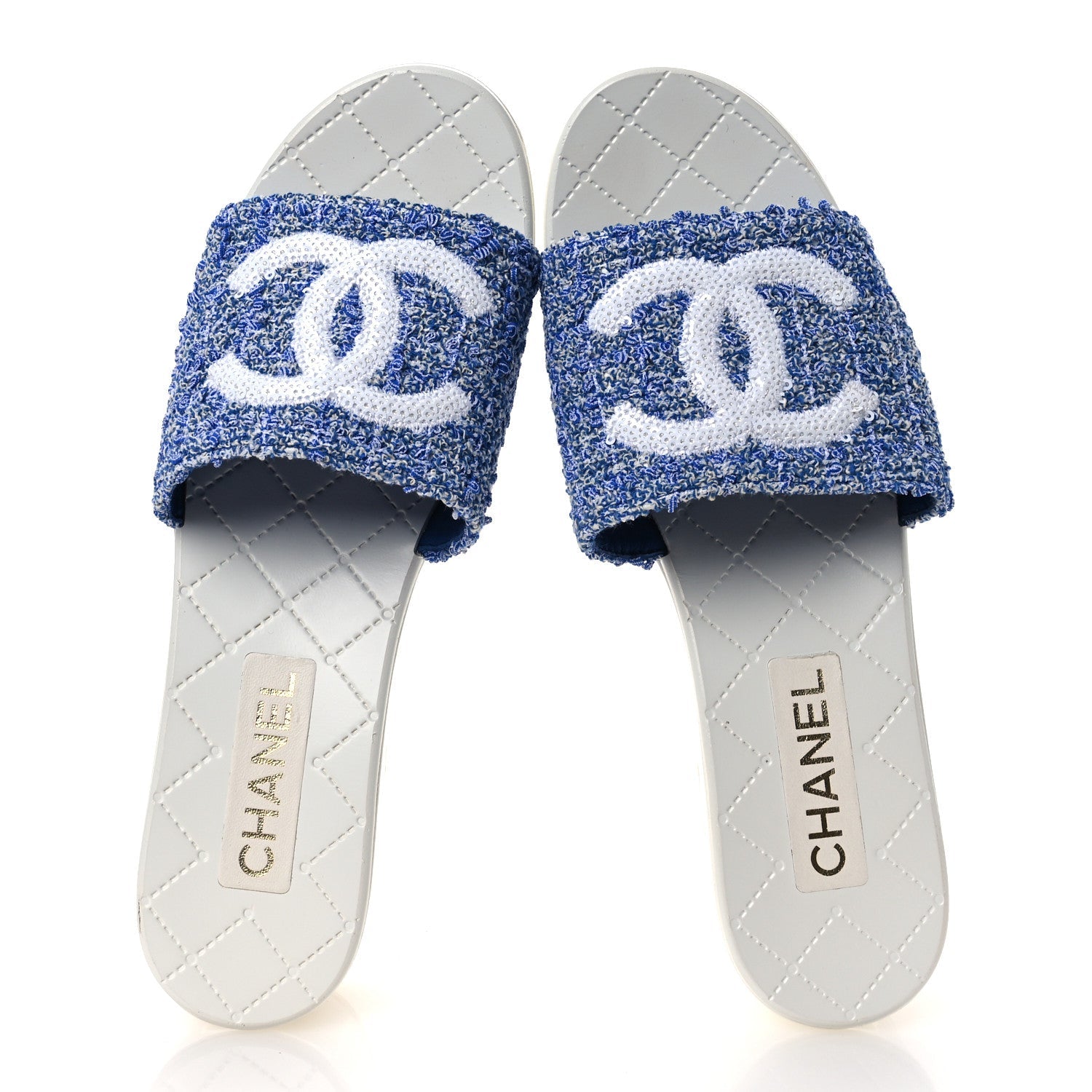 Tweed Sequin Patent Calfskin CC Mule Sandals 41 Blue White