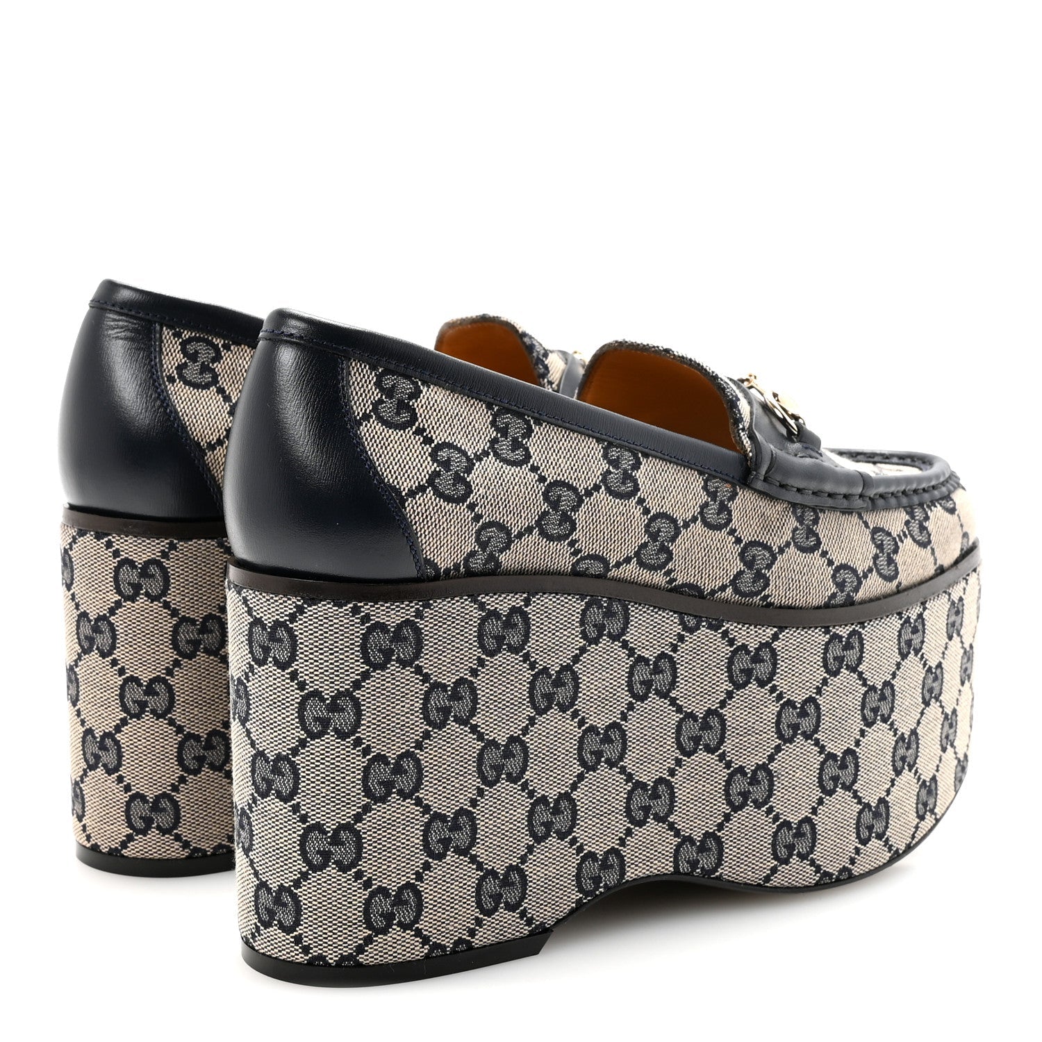 Canvas GG Monogram Horsebit Calfskin Womens Horsebit Platform Loafers 37.5 Beige Blue