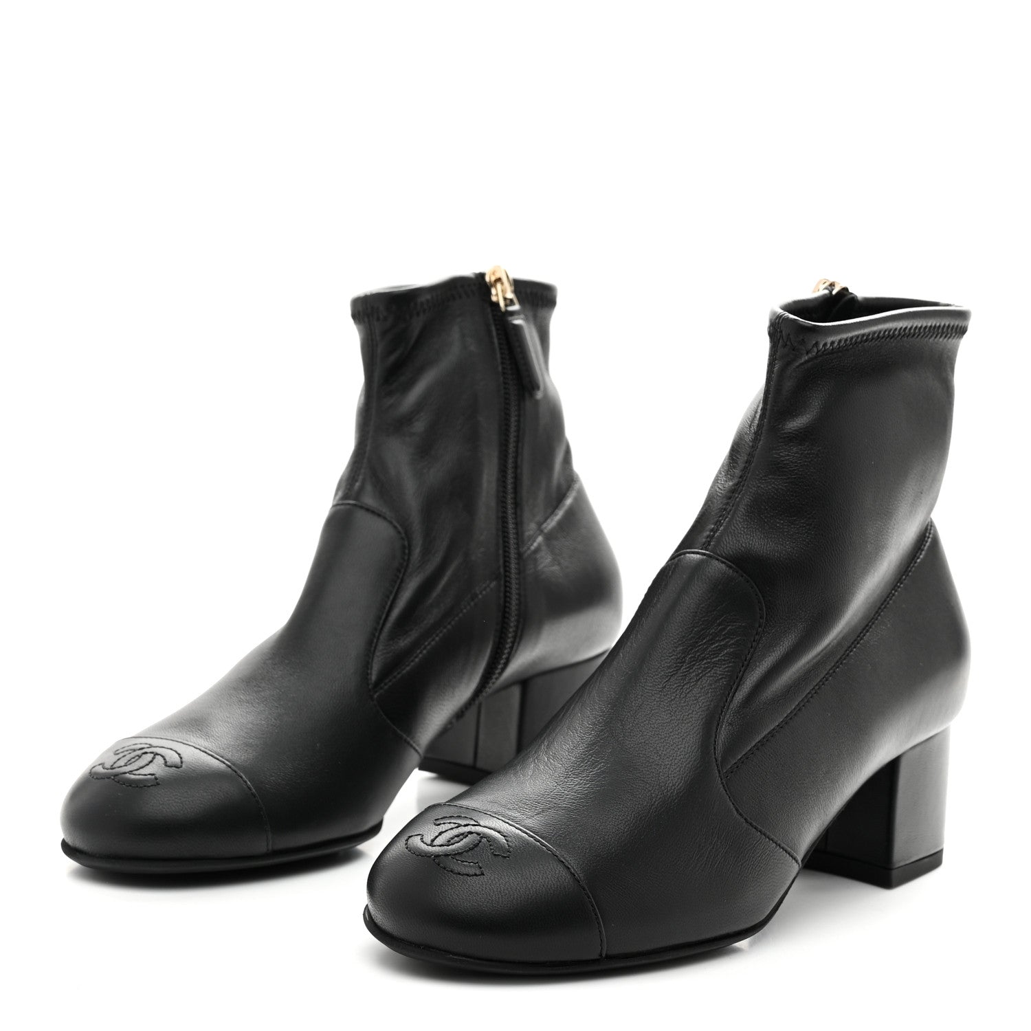 Stretch Lambskin Cap Toe CC Uniform Short Boots 36 Black