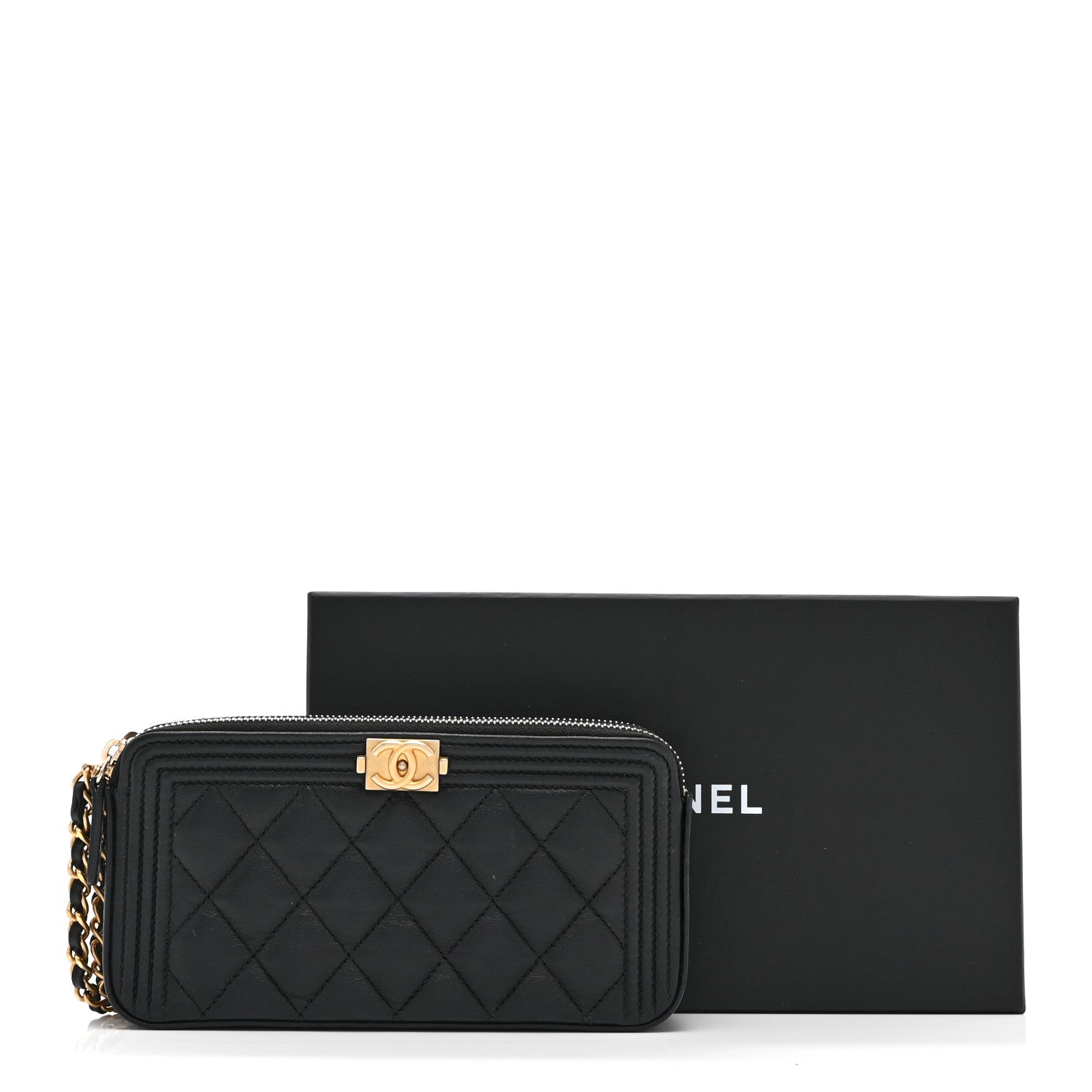 Calfskin Quilted Small Boy Clutch With Chain Black