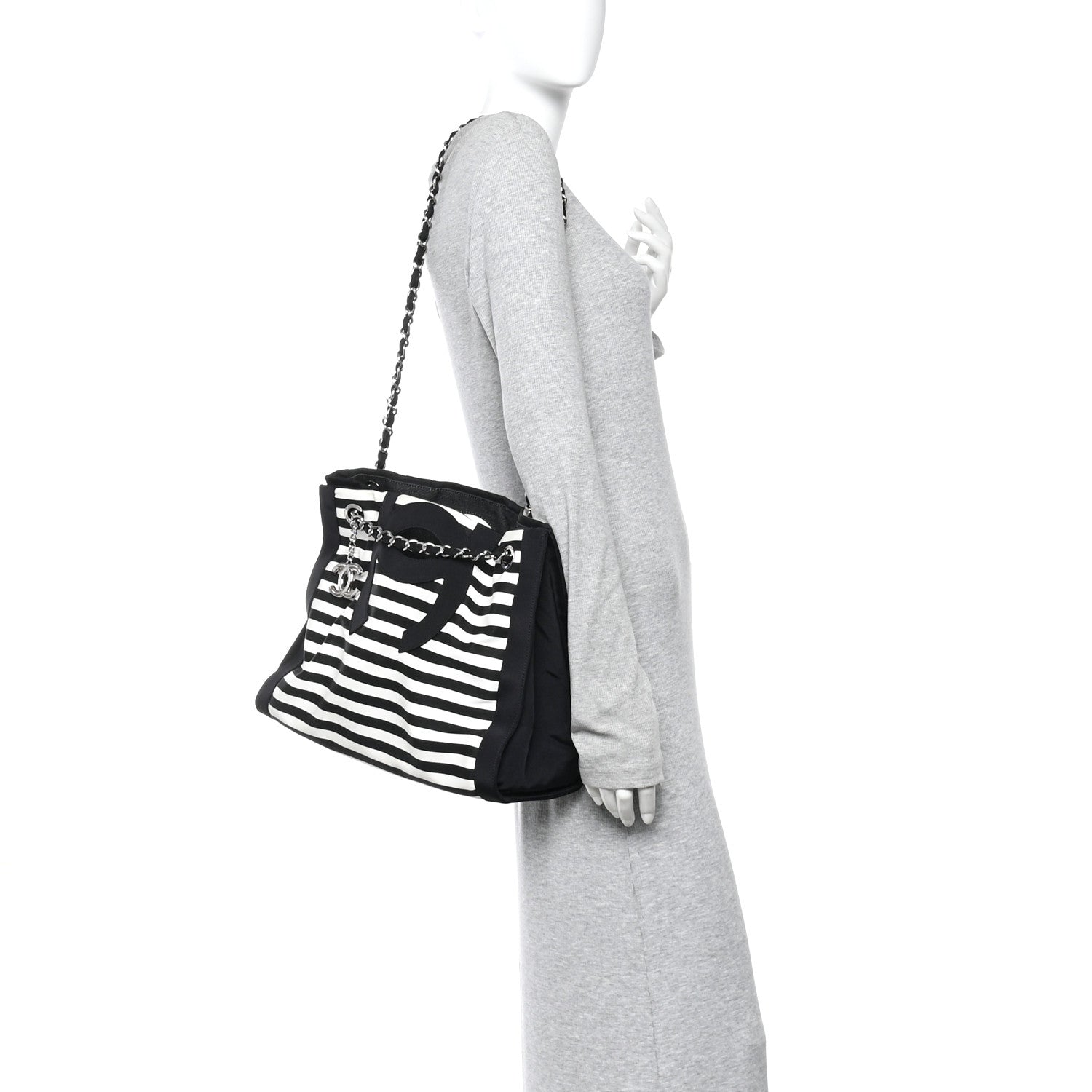 Canvas Grosgrain Striped CC Shopping Tote Black White