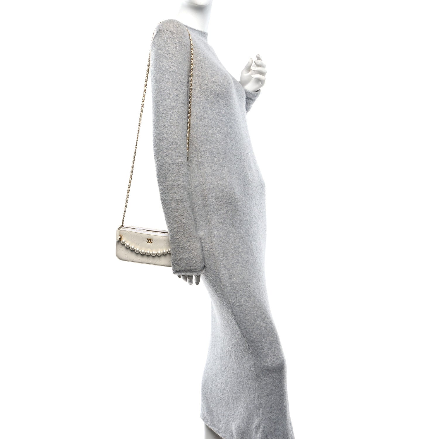 Goatskin Stitched Small Chic Pearls Clutch With Chain  White