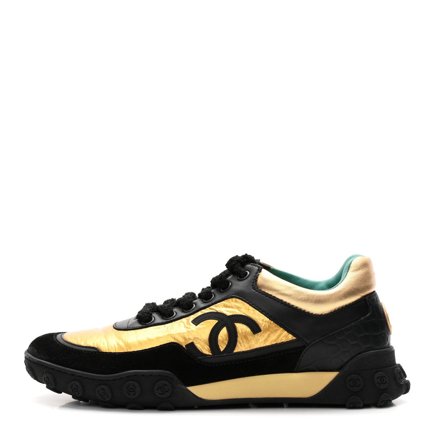 Metallic Fabric Calfskin Suede Crocodile Embossed CC Sneakers 38.5 Black Gold