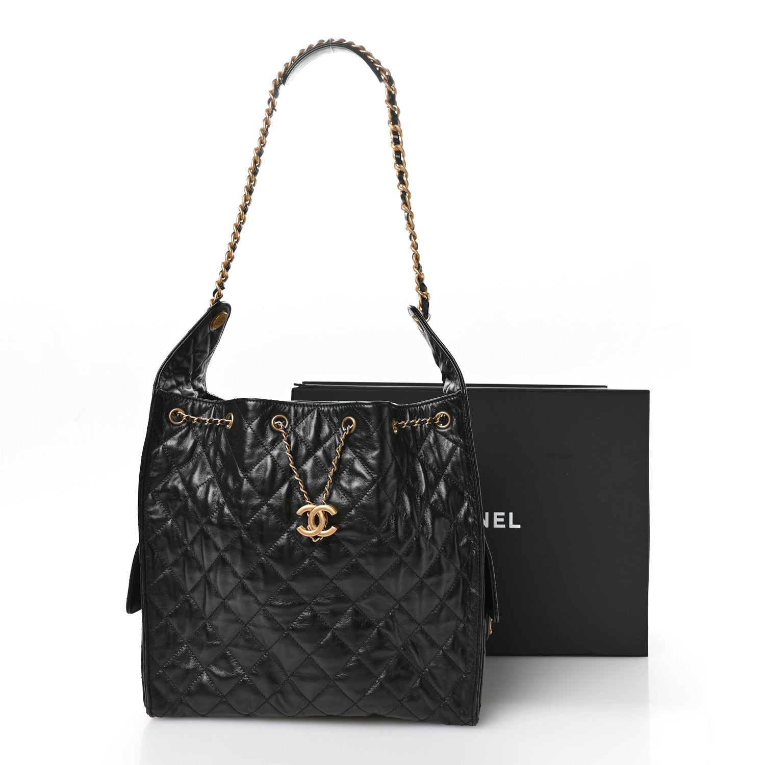 Shiny Crumpled Calfskin Quilted Medium Chanel 25 Handbag  Black