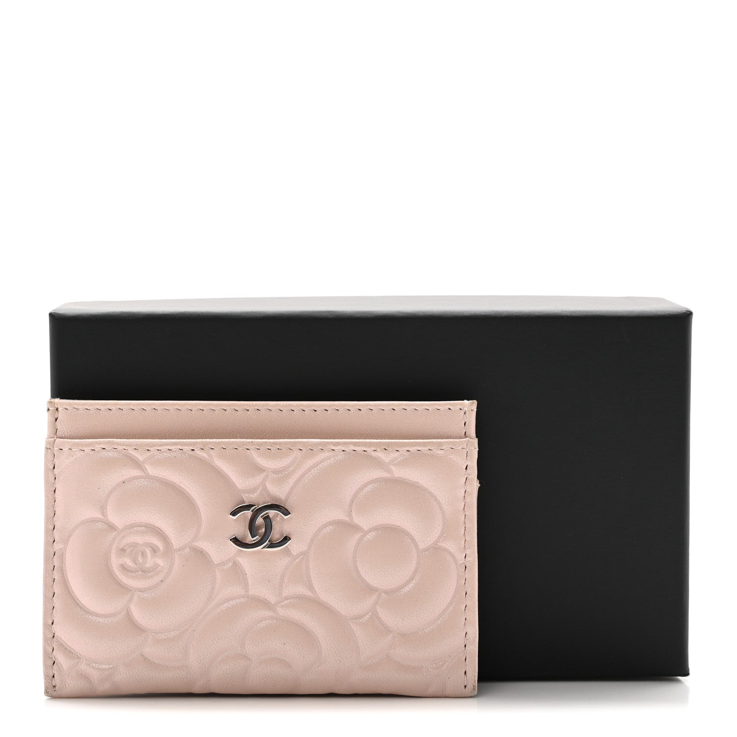 Iridescent Lambskin Camellia Embossed Card Holder Light Pink