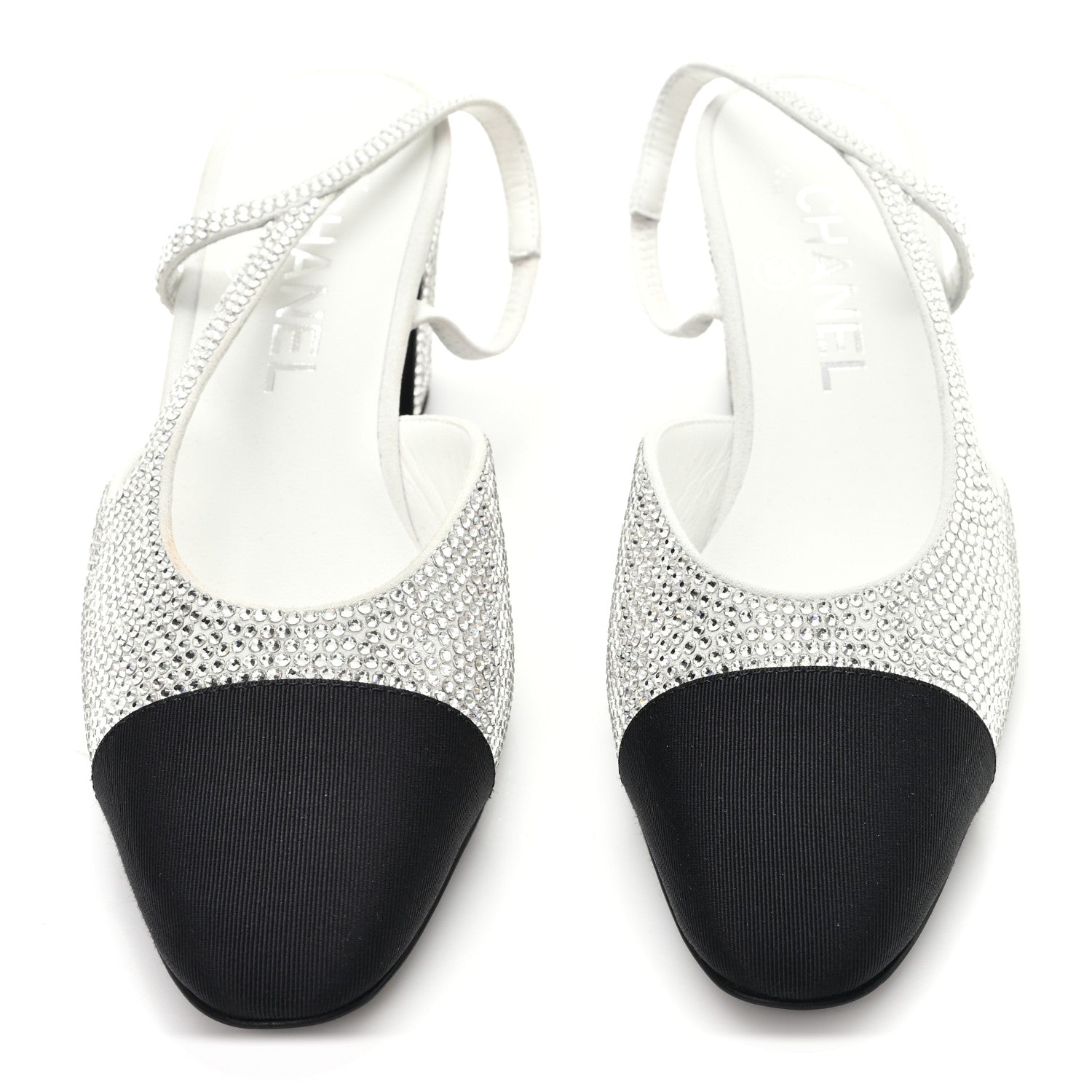Strass Grosgrain Cap Toe CC Slingback Pumps 36 Silver Black