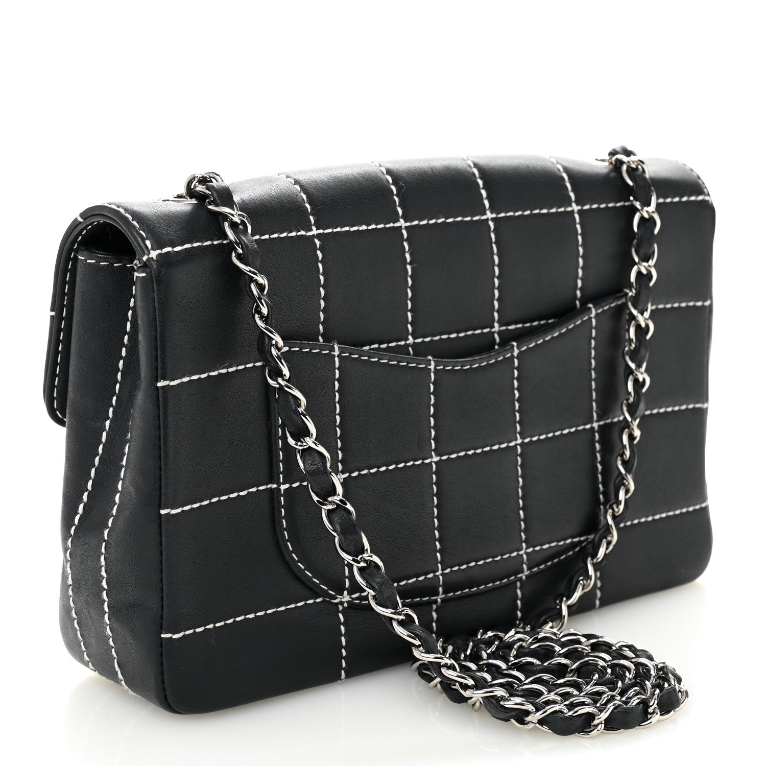 Calfskin Contrast Stitched Medium Single Flap Navy Blue