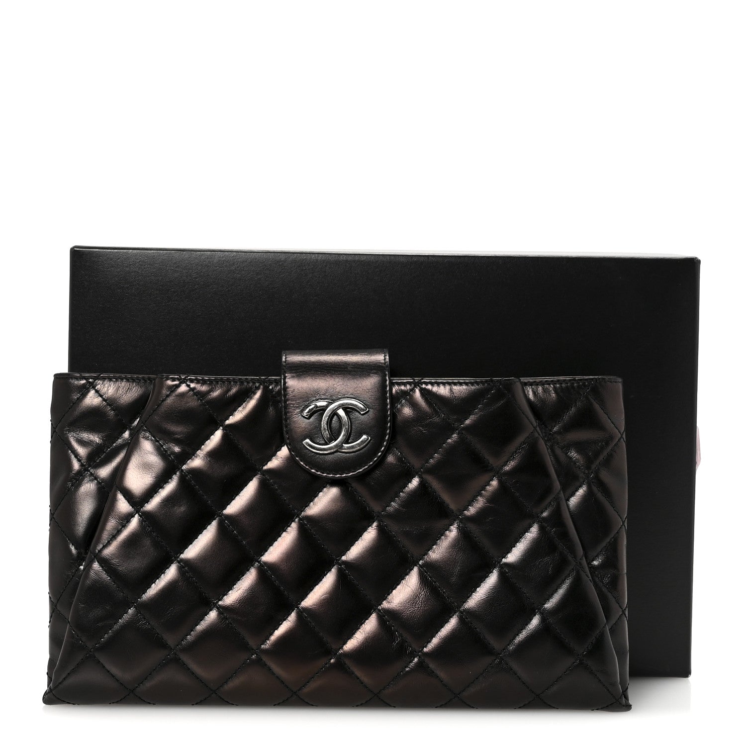 Glazed Calfskin Quilted Coco Pleats Clutch Black
