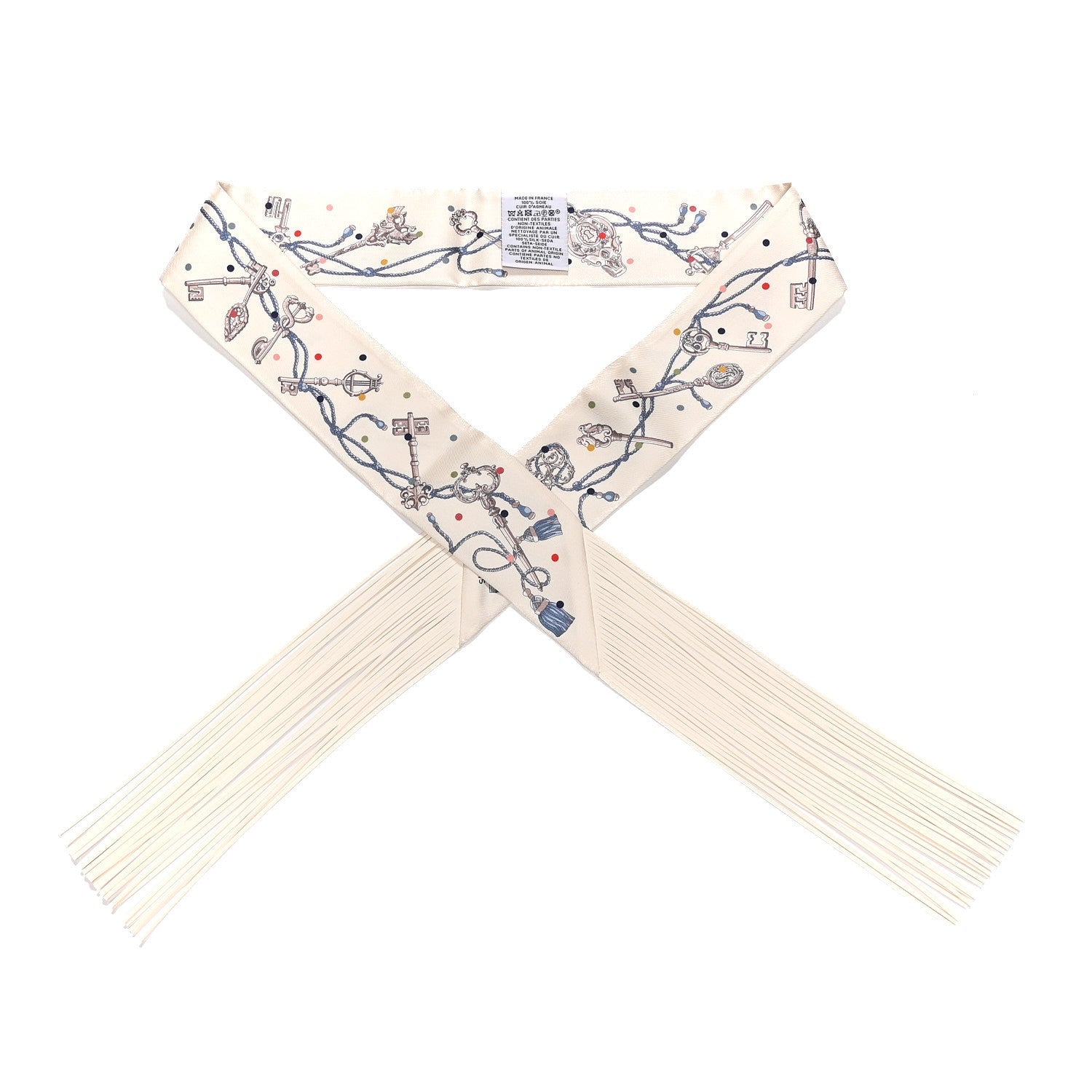 Silk Calfskin Les Cles A Pois Fringed Twilly Creme Gris Perle Multicolor