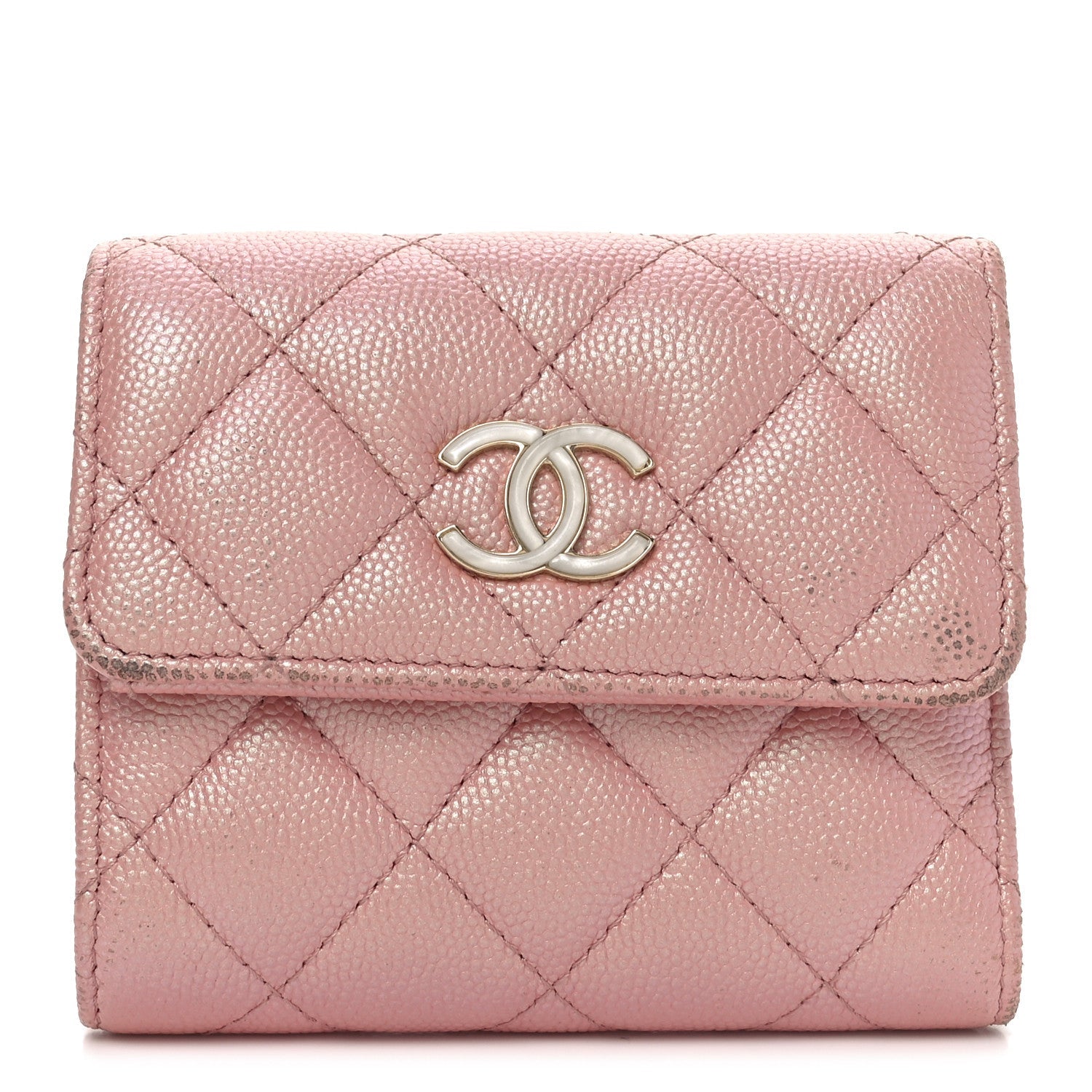 Iridescent Caviar Quilted Small Flap Wallet Rose Pink